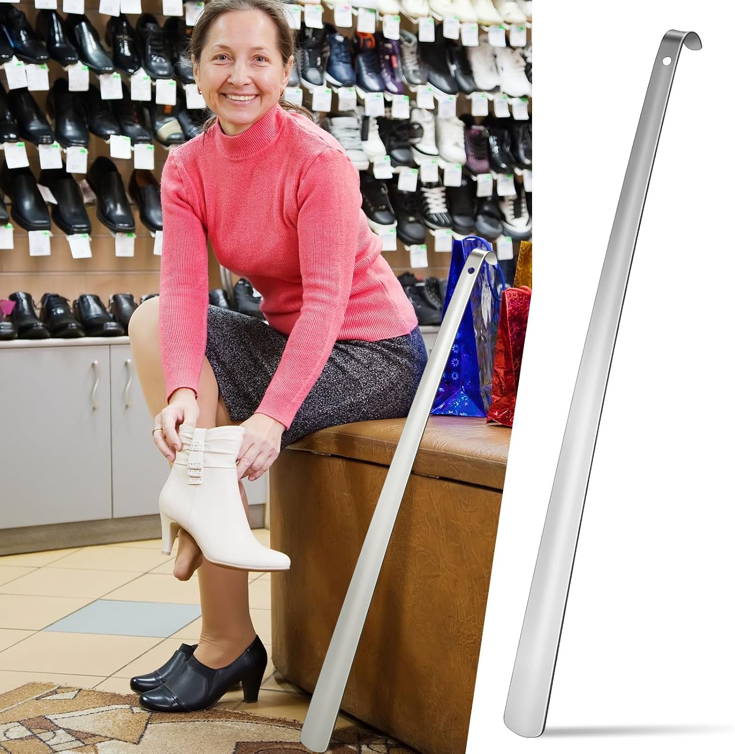 1 Pcs 31.5'' Extra Long Handled Shoe Horn Metal Shoehorn for Men Women Multifunctional Stainless Dressing Stick for Elderly Disabled Limited Mobility, Standing Reach Assist for Senior (Silver) - Image 4