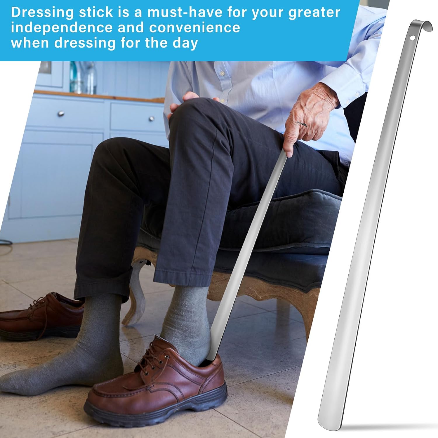1 Pcs 31.5'' Extra Long Handled Shoe Horn Metal Shoehorn for Men Women Multifunctional Stainless Dressing Stick for Elderly Disabled Limited Mobility, Standing Reach Assist for Senior (Silver) - Image 6