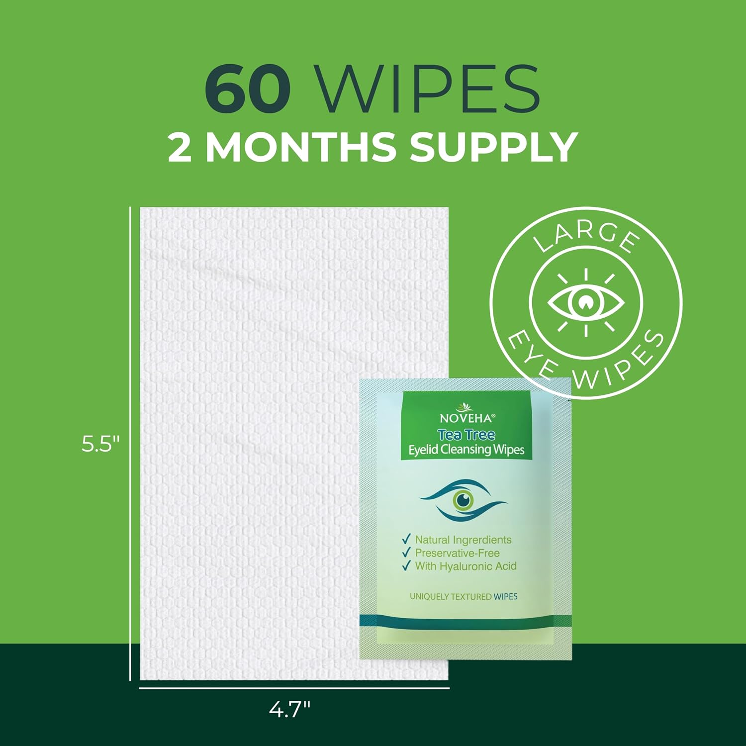NOVEHA 120Pcs Tea Tree Oil Eyelid & Lash Wipes With Hyaluronic Acid, Green Tea & Chamomile For Blepharitis & Itchy Eyes, Individually Wrapped Eyelash Wipes, Natural Makeup Remover & Cleanser (2 Pack) - Image 5