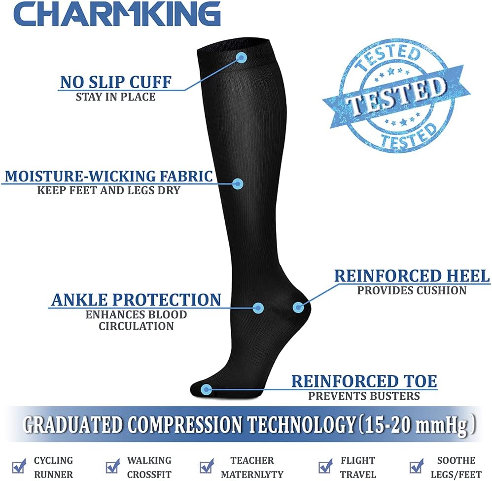 CHARMKING Compression Socks for Women & Men Circulation (8 Pairs) 15-20 mmHg Best Calf Socks Support for Athletic Cycling - Image 4