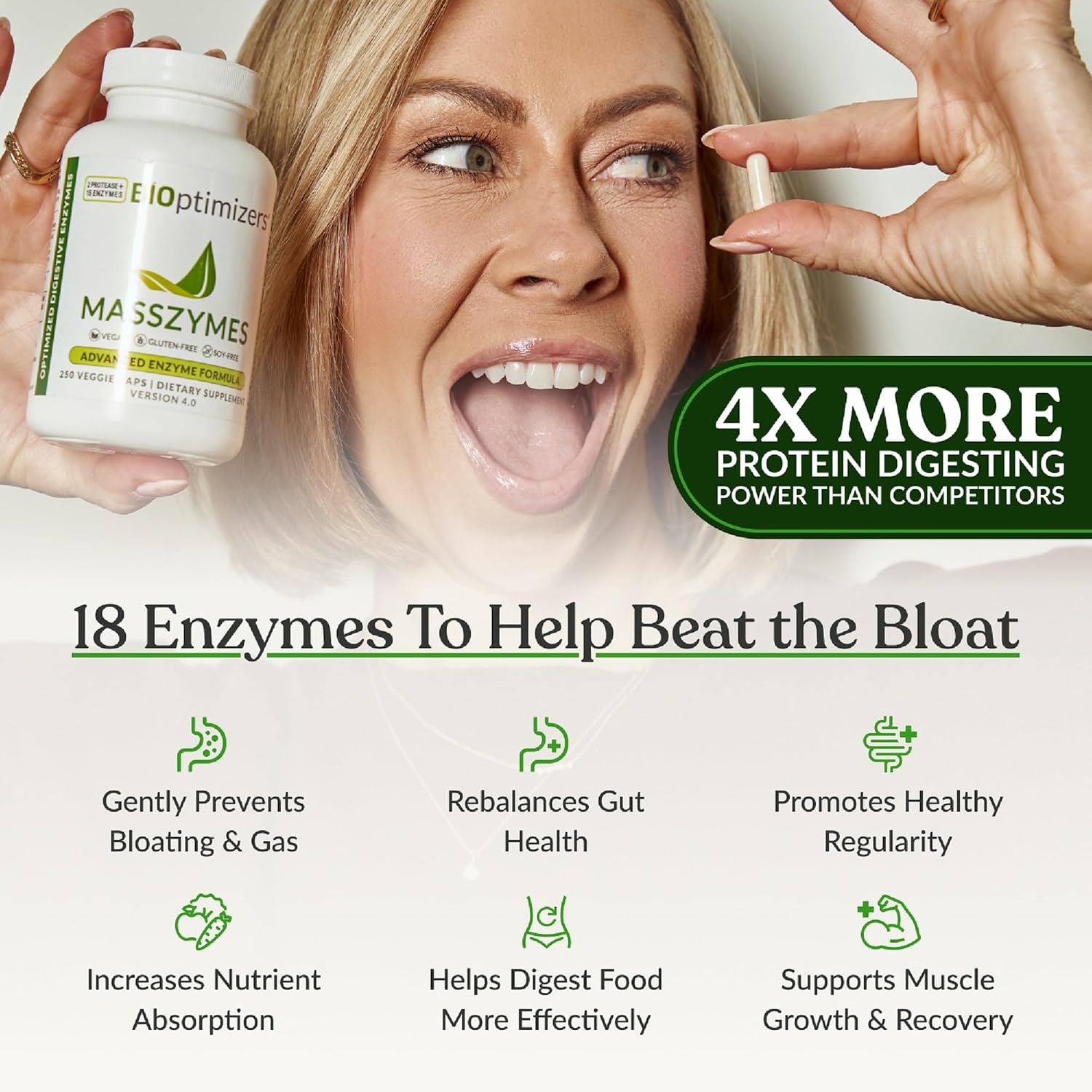 BIOptimizers MassZymes - Complete Digestive Enzymes Supplement for Gut Health - Bloating Relief for Men and Women - Lipase Amylase Bromelain Digestive Enzymes (120 Capsules) - Image 2