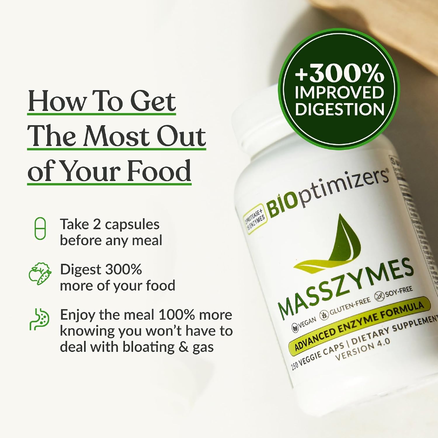 BIOptimizers MassZymes - Complete Digestive Enzymes Supplement for Gut Health - Bloating Relief for Men and Women - Lipase Amylase Bromelain Digestive Enzymes (120 Capsules) - Image 6