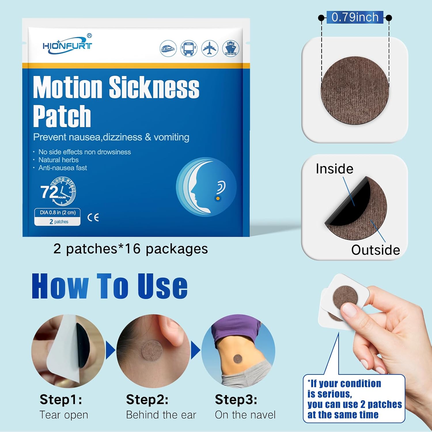 Hionfurt 32ct Motion Sickness Patches – Sea Sickness Patches for Cruise, Car, Airplane, and Other Travel – Non-Drowsy, Effective, Lasts 72 Hours - Image 3