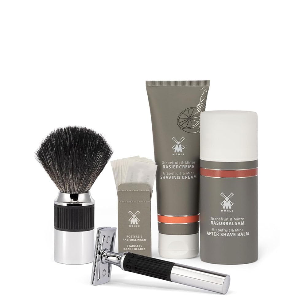 MÜHLE NEO Bundle - 4 Piece Set - Safety Razor Chrome-Plated Blades, Cream, After Shave - Closed Comb, Rubber Grip, Black