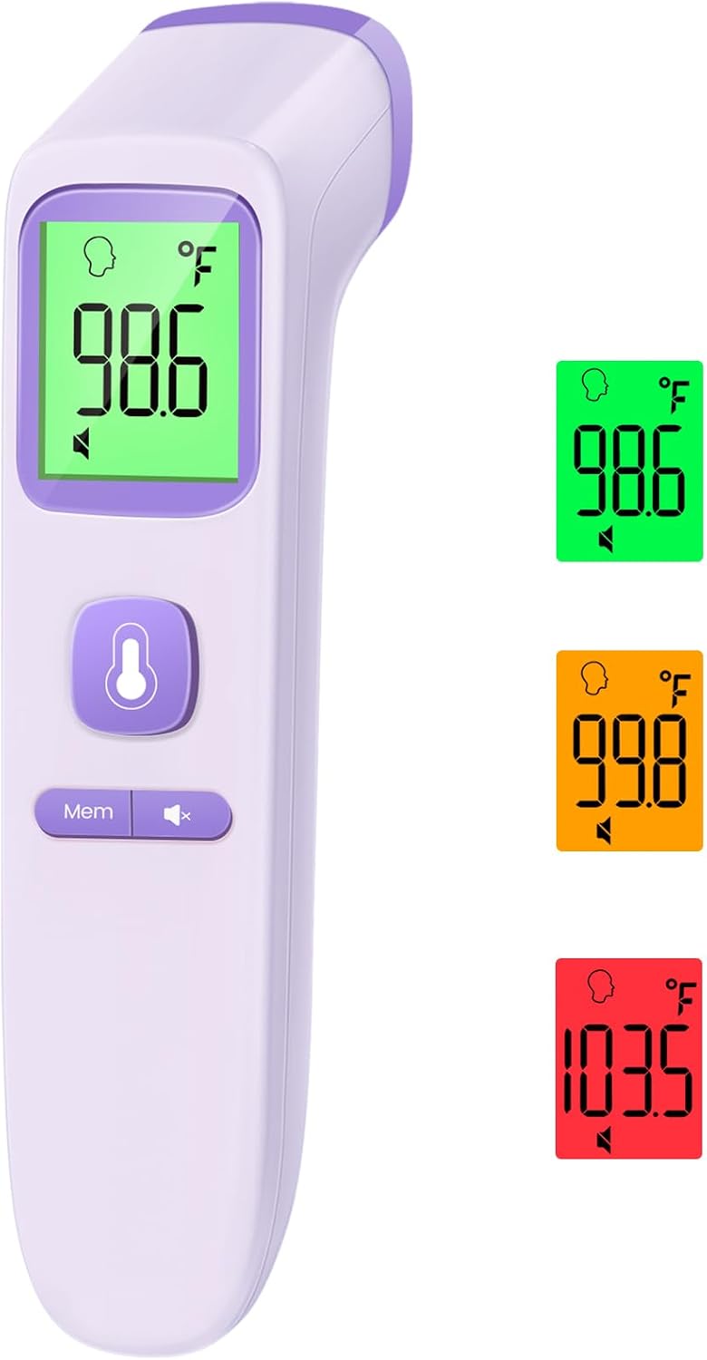 No-Touch Thermometer for Adults, Kids, Babies, 1-Sec Fast Accurate (Purple) | Fever Alarm, Large LCD with 3-Color Backlight, Silent Mode, 35-Reading Memory, Forehead & Object Mode, for Home & Clinic