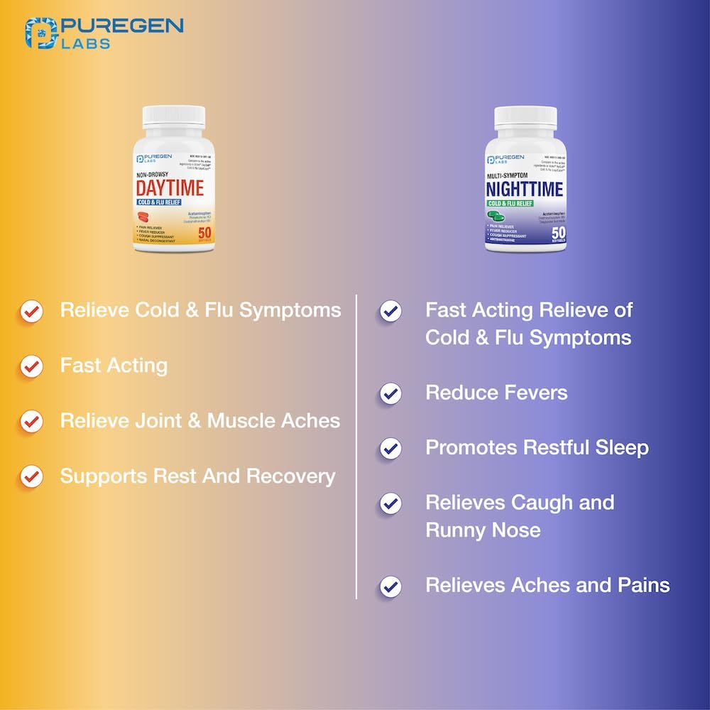 Puregen Labs Daytime and Nighttime Combo Pack, Cold and Flu Relief Medicine | Powerful Multi-Symptom Daytime and Nighttime Relief for Headache, Fever, Sore Throat, Cough, Congestion and Aches - Image 5