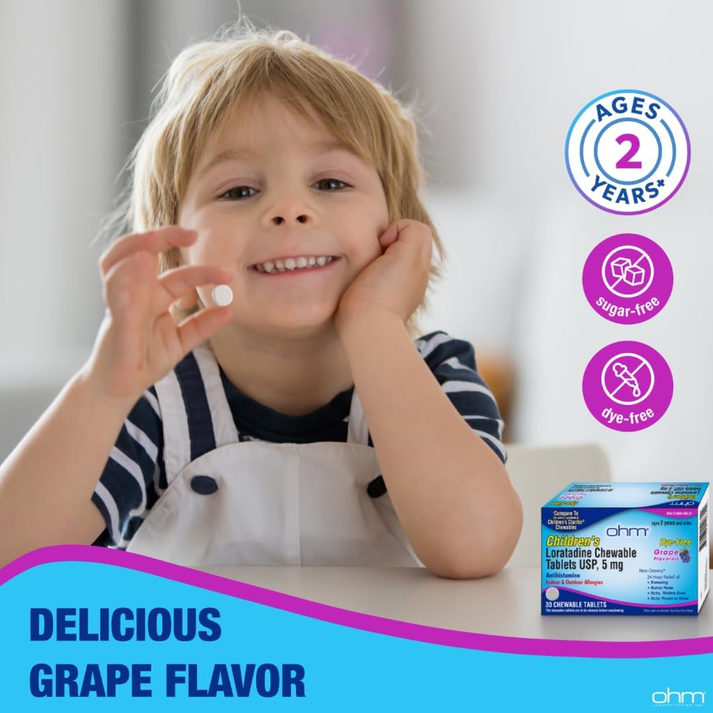Ohm Children's Allergy Medicine, Loratadine 5mg, Chewable Tablets (30 Count) Grape Flavor, Non-Drowsy Antihistamine, 24-Hour Allergy Relief for Runny Nose, Watery Eyes, Itchy Throat & Nose - Image 4