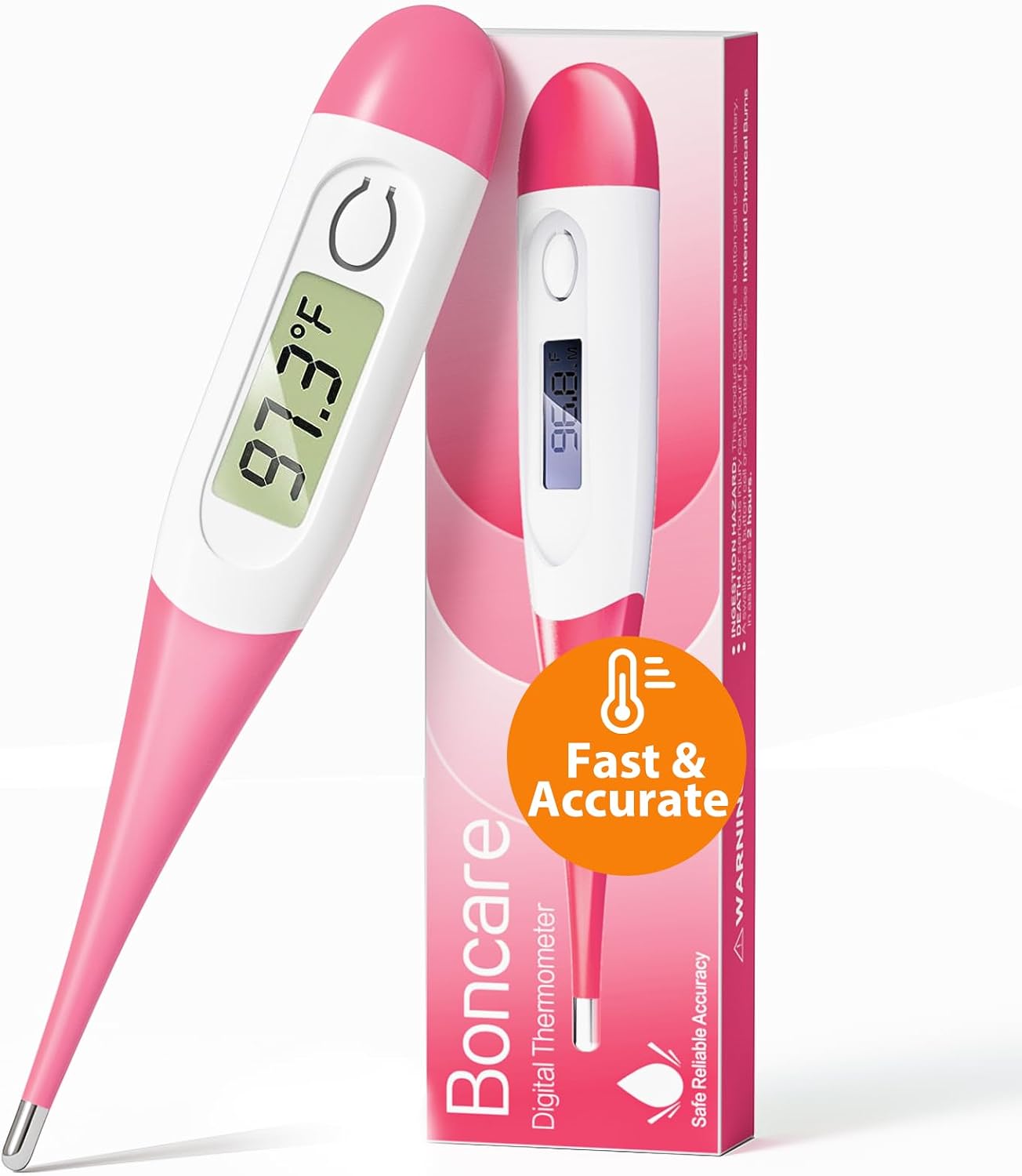 Boncare 10 Seconds Oral Thermometer for Adults and Kids, Pink | Accurate & Safe, Rectal Digital Thermometer for Baby, Fever Alarm
