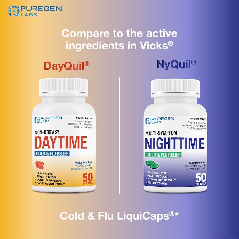Puregen Labs Daytime and Nighttime Combo Pack, Cold and Flu Relief Medicine | Powerful Multi-Symptom Daytime and Nighttime Relief for Headache, Fever, Sore Throat, Cough, Congestion and Aches - Image 4