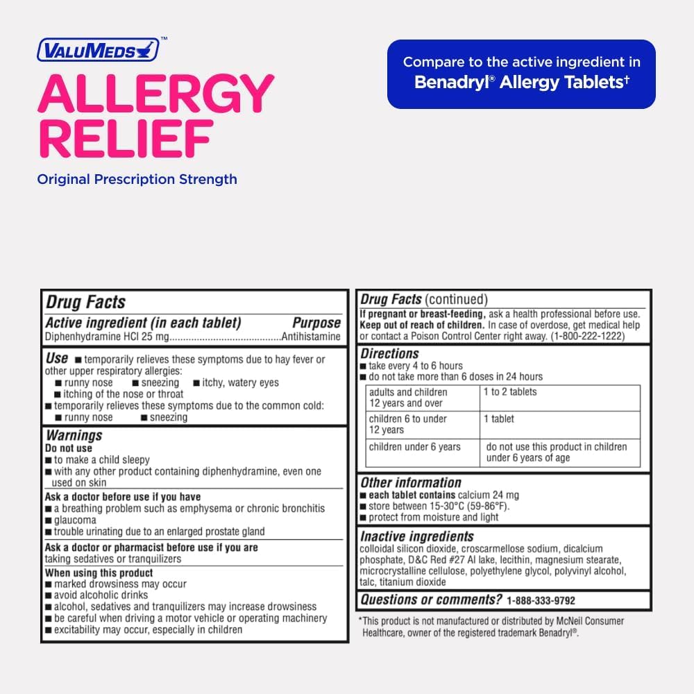 ValuMeds Allergy Medicine Antihistamine, Diphenhydramine HCl 25 mg | Children and Adults | Relieve Itchy Eyes, Runny Nose, Sneezing (25 mg, 600 Count) - Image 7