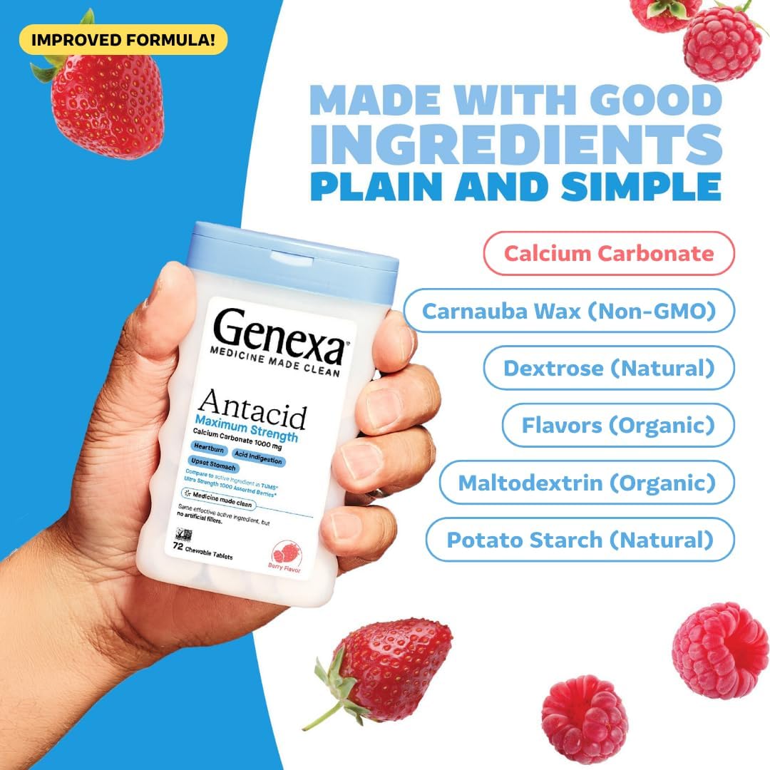 Genexa Antacid Made Clean, 72 Chewable Tablets, Berry Flavor | Calcium Carbonate Maximum Strength, Dye Free, 0% Artificial Additives, Heartburn, Acid Indigestion & Upset Stomach Relief - Image 8