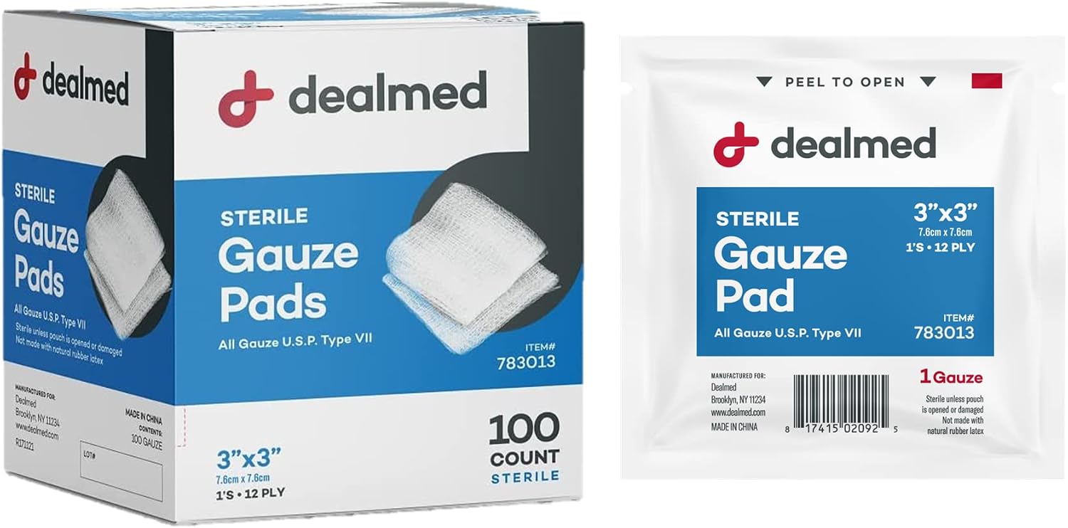 Dealmed Sterile Gauze Pads 3x3 - Individually Wrapped - 100 Count | USP Type VII Cotton, 12-Ply Construction, Non Stick, Highly Absorbent, Breathable Design, 900 Day Shelf Life