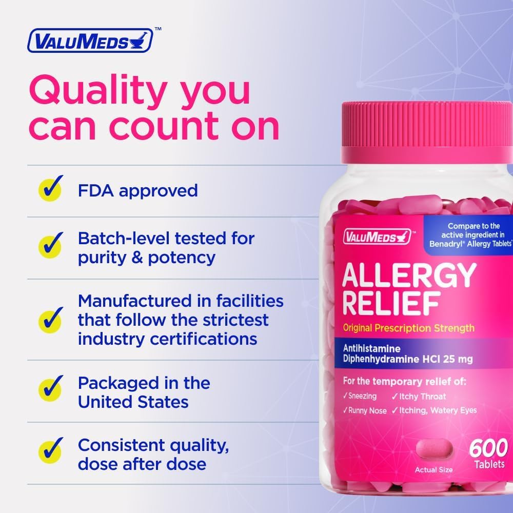 ValuMeds Allergy Medicine Antihistamine, Diphenhydramine HCl 25 mg | Children and Adults | Relieve Itchy Eyes, Runny Nose, Sneezing (25 mg, 600 Count) - Image 6