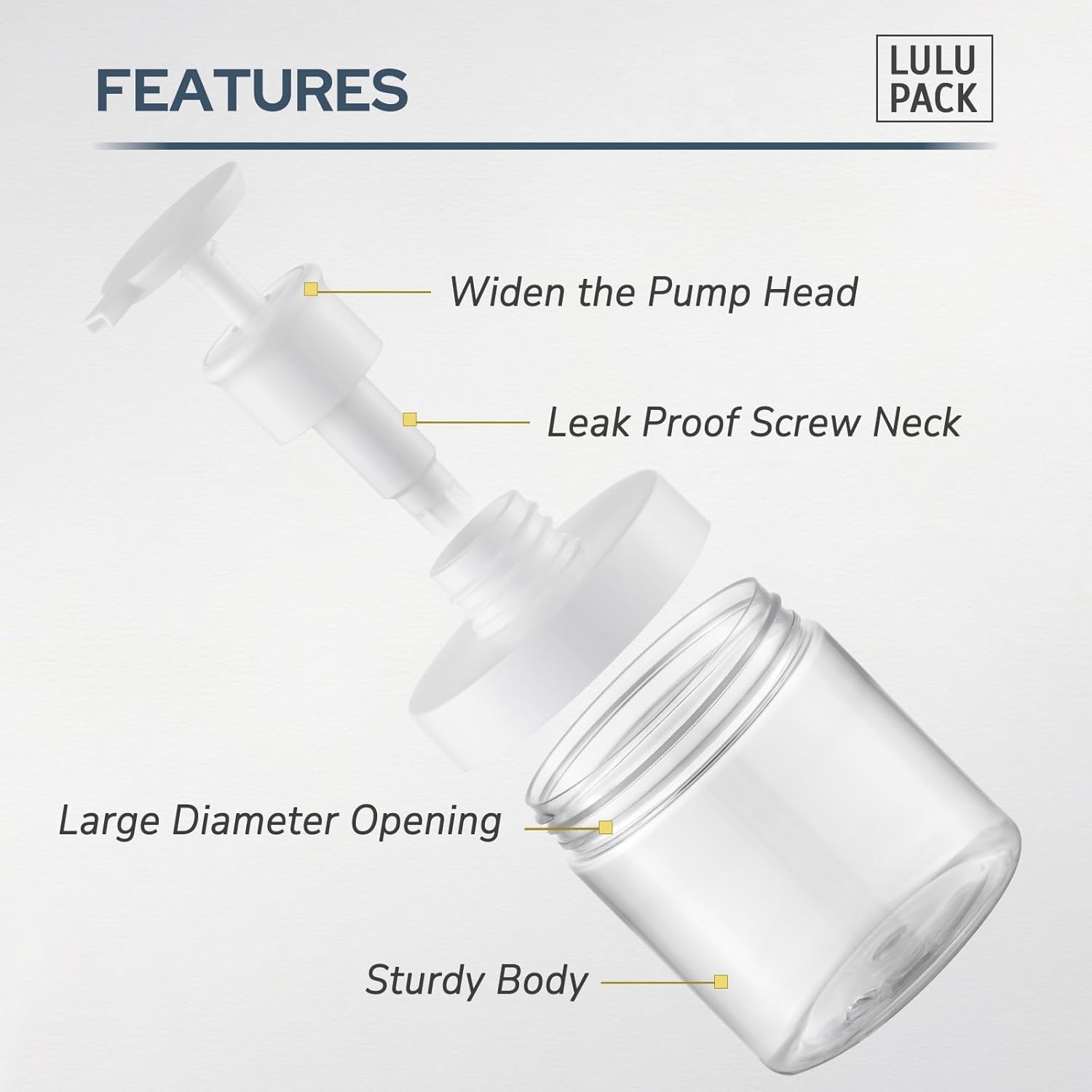 Lulupack 8oz Wide Mouth Pump Bottle, Small Dispenser for Soap & Lotion 2PCS | Plastic empty bottle for shower, refillable jar for shampoo, conditioner, hand soap, body wash, bathroom container, clear - Image 3