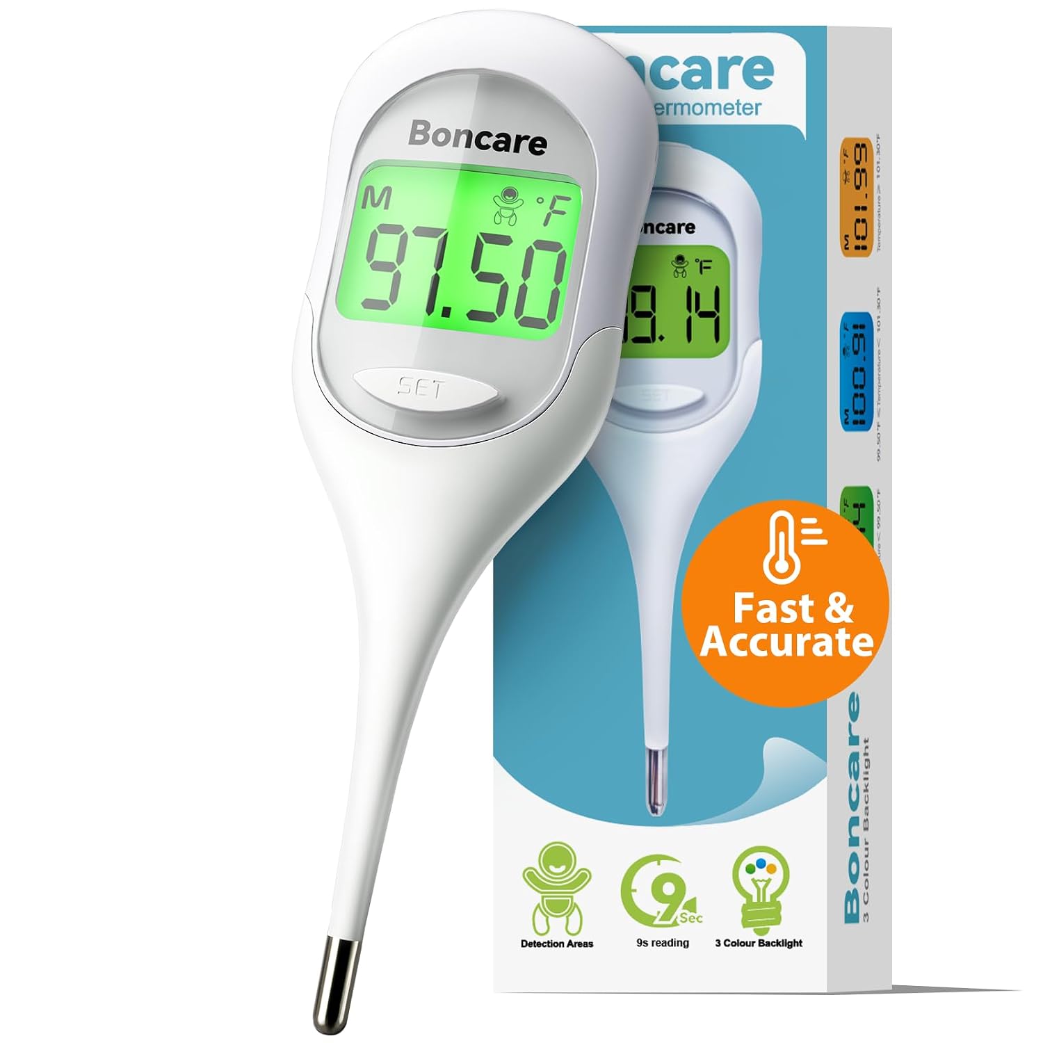 Boncare 9 Seconds Basal Body Thermometer for Ovulation (Rice-White) | Oral Thermometer for Adults and Kids - Accurate Rectal Thermometer, with Fever Alarm and Large Display