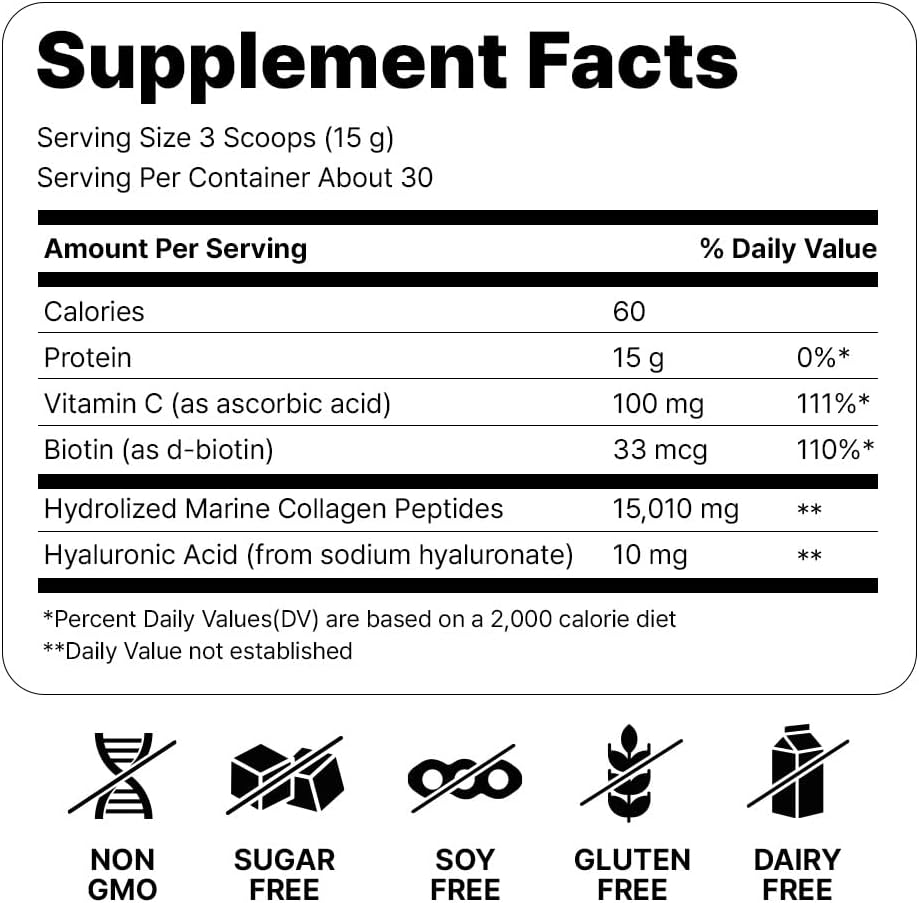 Marine Collagen Peptides - Hydrolyzed Ultra-fine Collagen Powder for Women & Men, Hyaluronic Acid, Biotin, Vitamin C, for Skin, Hair, Nails, Joints, Non-GMO, Unflavored, Easily Dissolved, 16oz - Image 3