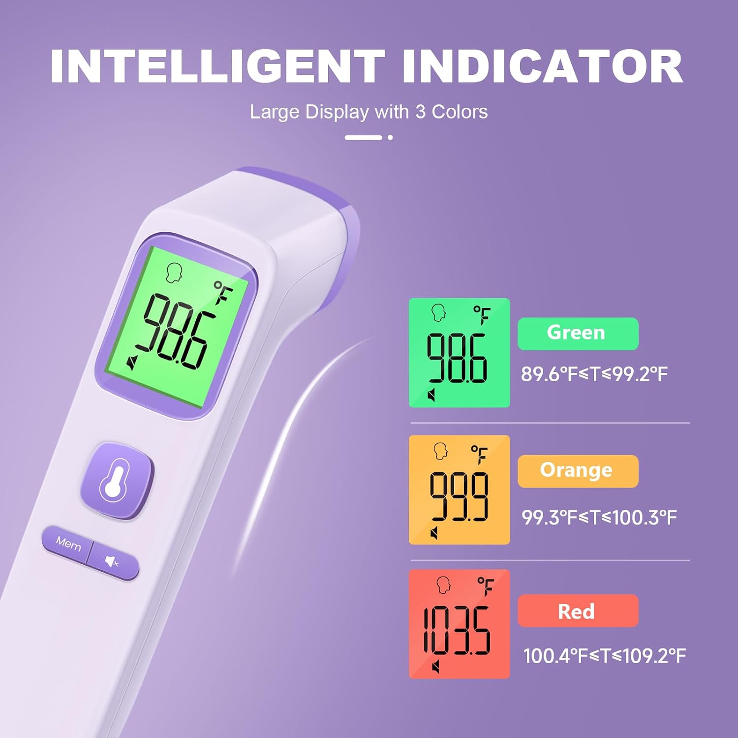 No-Touch Thermometer for Adults, Kids, Babies, 1-Sec Fast Accurate (Purple) | Fever Alarm, Large LCD with 3-Color Backlight, Silent Mode, 35-Reading Memory, Forehead & Object Mode, for Home & Clinic - Image 3
