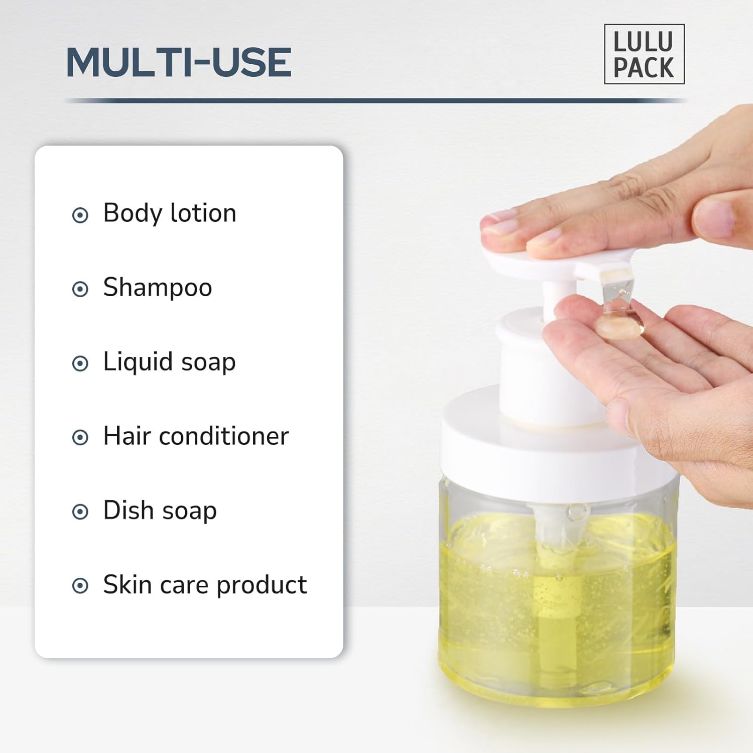 Lulupack 8oz Wide Mouth Pump Bottle, Small Dispenser for Soap & Lotion 2PCS | Plastic empty bottle for shower, refillable jar for shampoo, conditioner, hand soap, body wash, bathroom container, clear - Image 4
