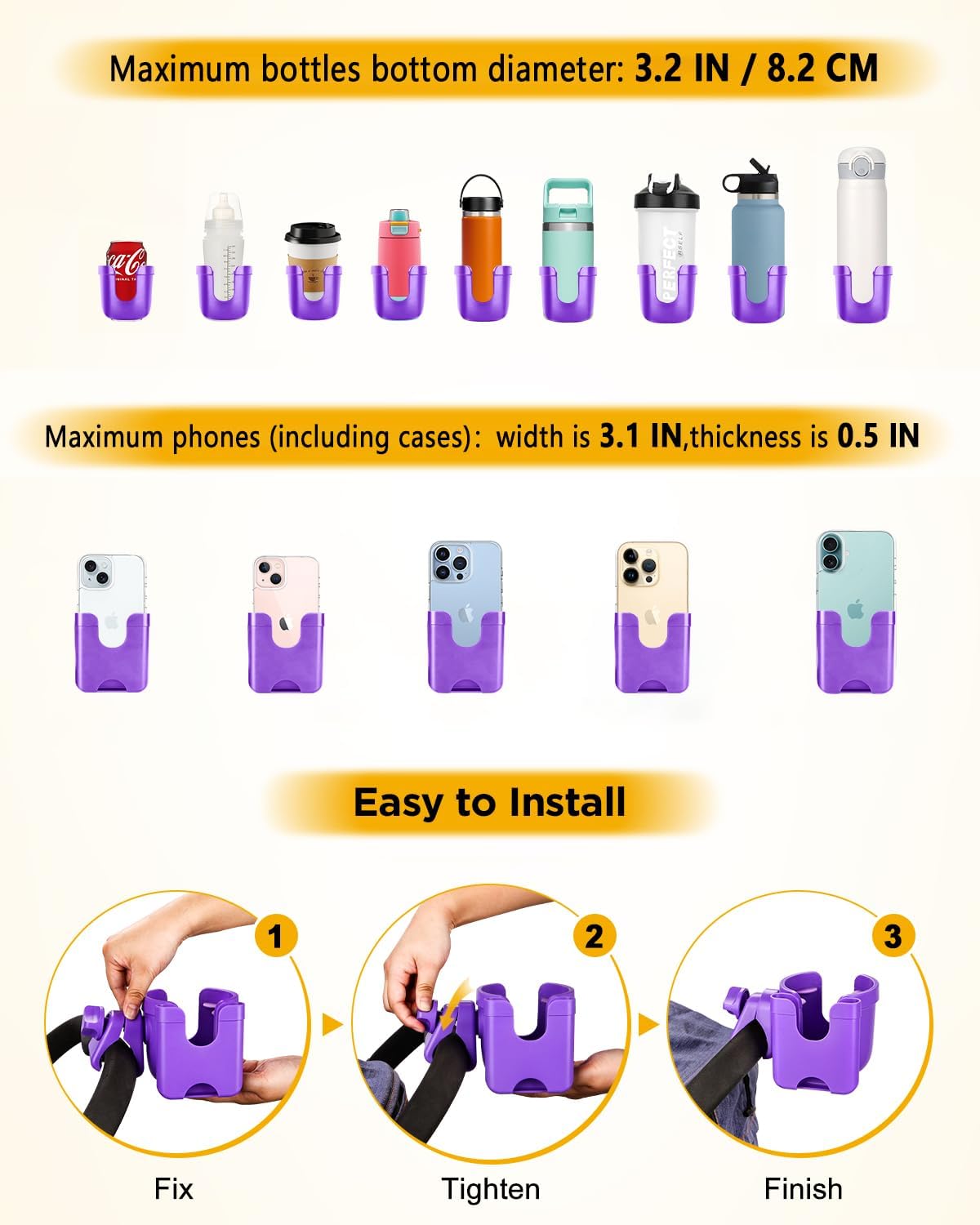 Universal Stroller Cup Holder with Mobile Phone Case, 2-in-1 Strollers Storage Rack, 360 Degrees Rotation Drink Holder for Bike, Pushchair, Wheelchair, Walker,Bicycle, Fits Most Cups (Purple) - Image 5