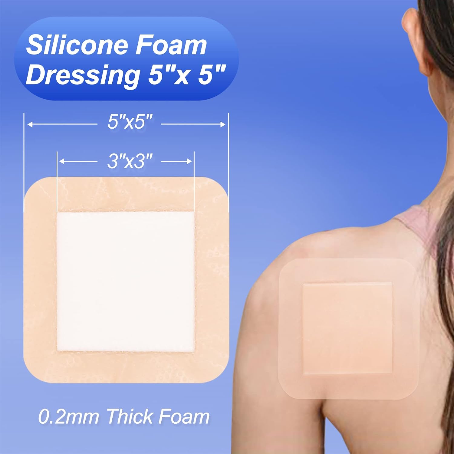 Niceful Silicone Foam Dressing 5“x5 10 Pcs, Gentle for Sensitive Skin | Bordered Silicone Foam, 5-Layer Absorbent Core, Waterproof, Painless Removal, Bed Sores & Diabetic Ulcers, 3"X3" Pad - Image 2