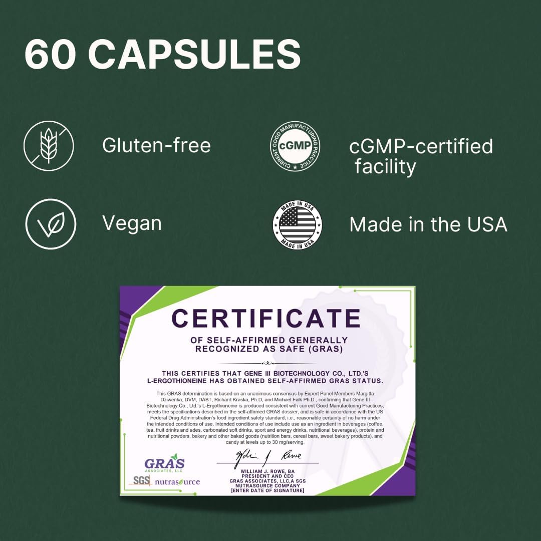 L-Ergothioneine Supplement 30mg - Fermentation-Based 99.99% Purity Antioxidant - Clinically Studied to Support Longevity, Restful Sleep & Healthy Aging - Vegan & Non-GMO - 60 Capsules - Image 6
