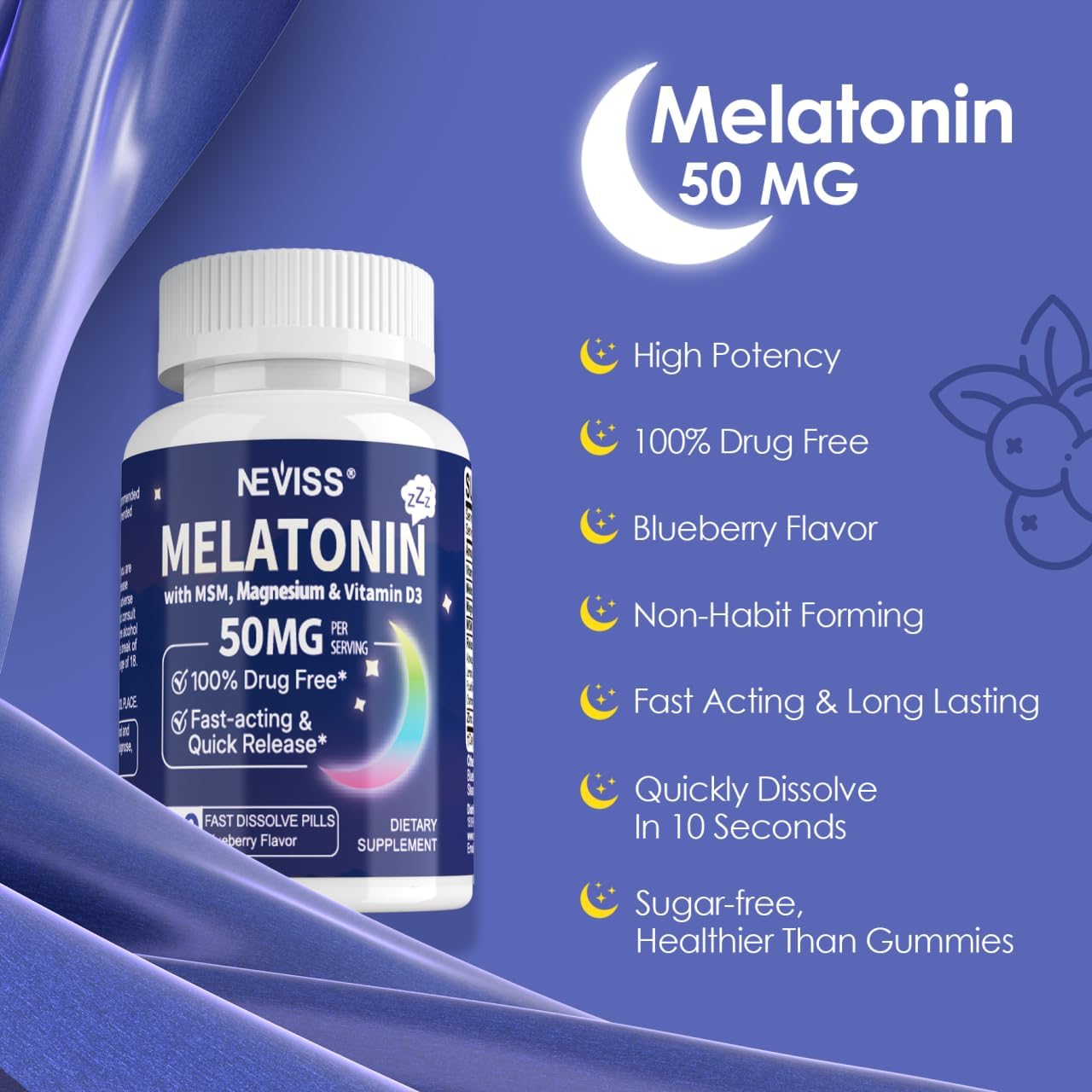NEVISS Melatonin 50 mg for Adults - Extra Strength 9-in-1 Fast Dissolve Sublingual - High Dose with Magnesium Glycinate, Vitamin D3, Ashwagandha, Lemon Balm, Chamomile, Sugar Free,Vegan 120 Tablets - Image 7
