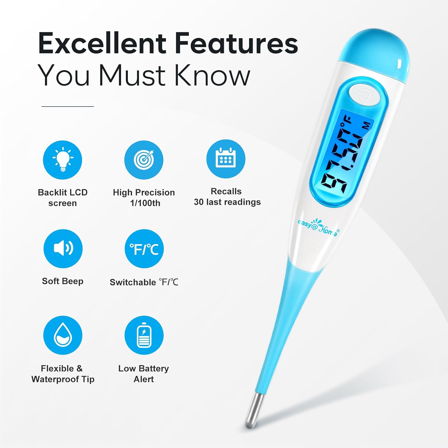 Easy@Home Digital Basal Thermometer for Ovulation: Backlight LCD Display 1/100th Degree High Precision BBT, Memory Recall, NOT Bluetooth Enabled – Scan Results with Premom Fertility Tracker App, Blue - Image 3