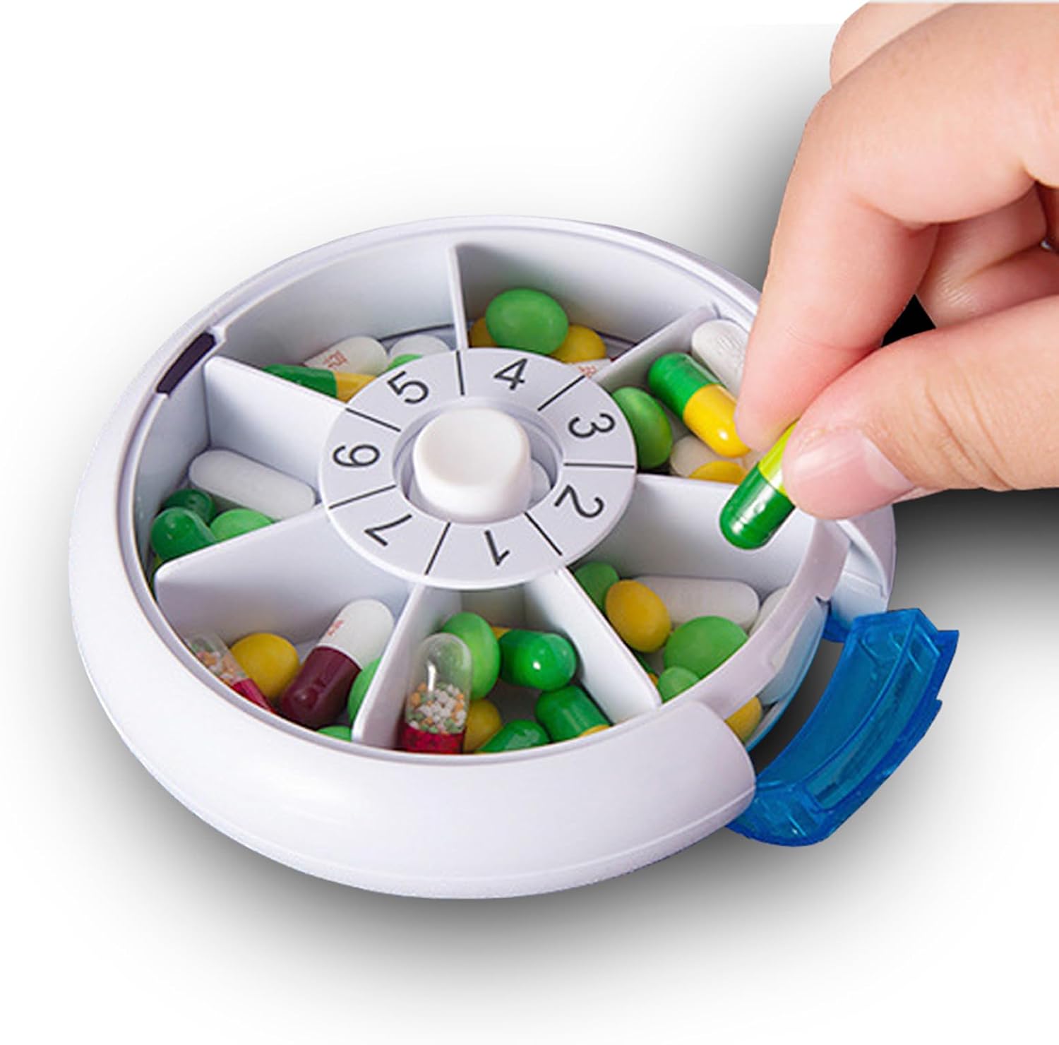 7 Day Rotary Pill Organizer One-Hand Open for Travel Vitamins & Meds | Compact Weekly Pill case for supplements & medication Daily slots with dates – no double doses Fits purse pocket or backpack - Image 3