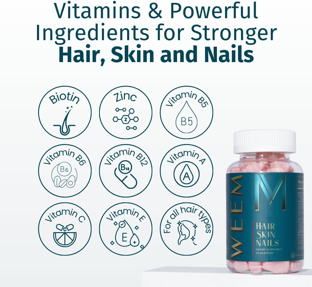 WEEM Hair Skin and Nails Gummies - Supports Healthy Hair - Vegan biotin Vitamins for Women & Men Supports Faster Hair Growth, Stronger Nails, Healthy Skin, Extra Strength (1) - Image 3