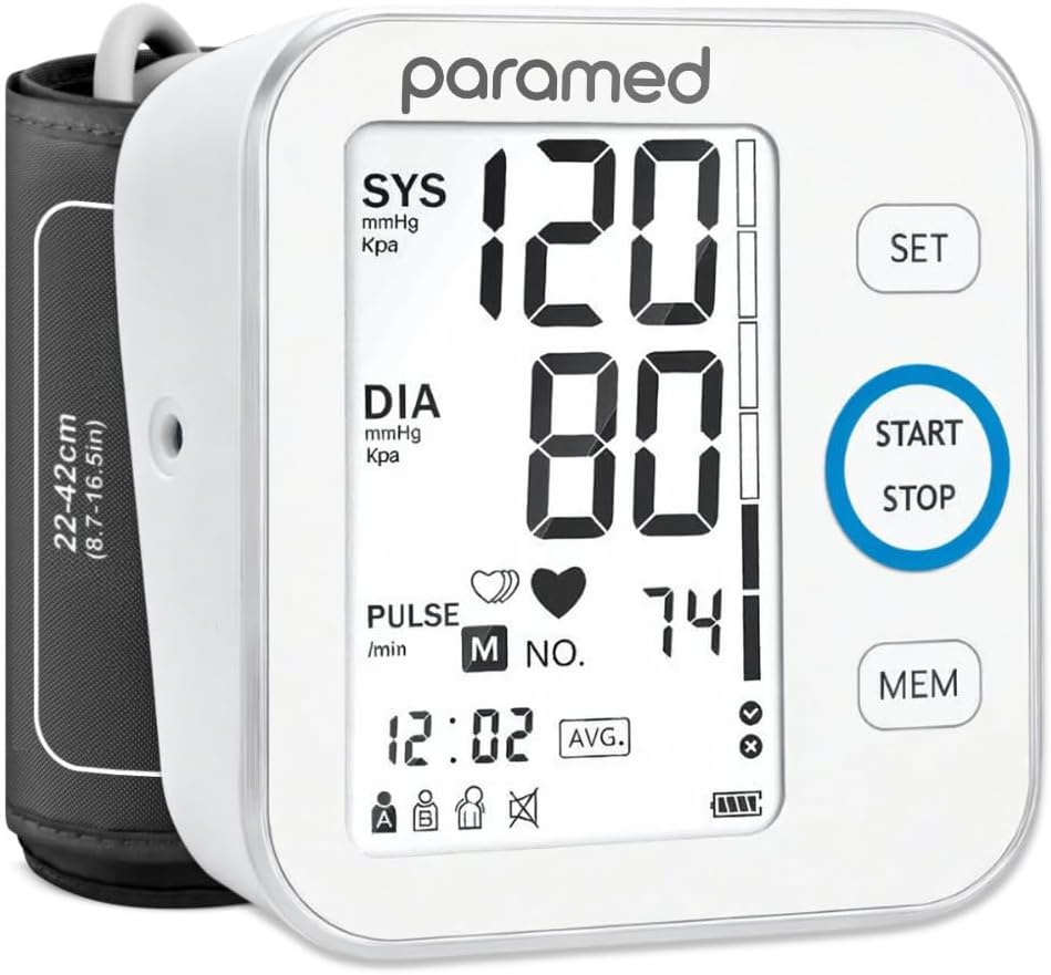 Paramed Blood Pressure Monitor - Bp Machine - Automatic Upper Arm Blood Pressure Cuff 8.7-16.5 inches - Large LCD Display 120 Sets Memory - Device Bag & Batteries Included
