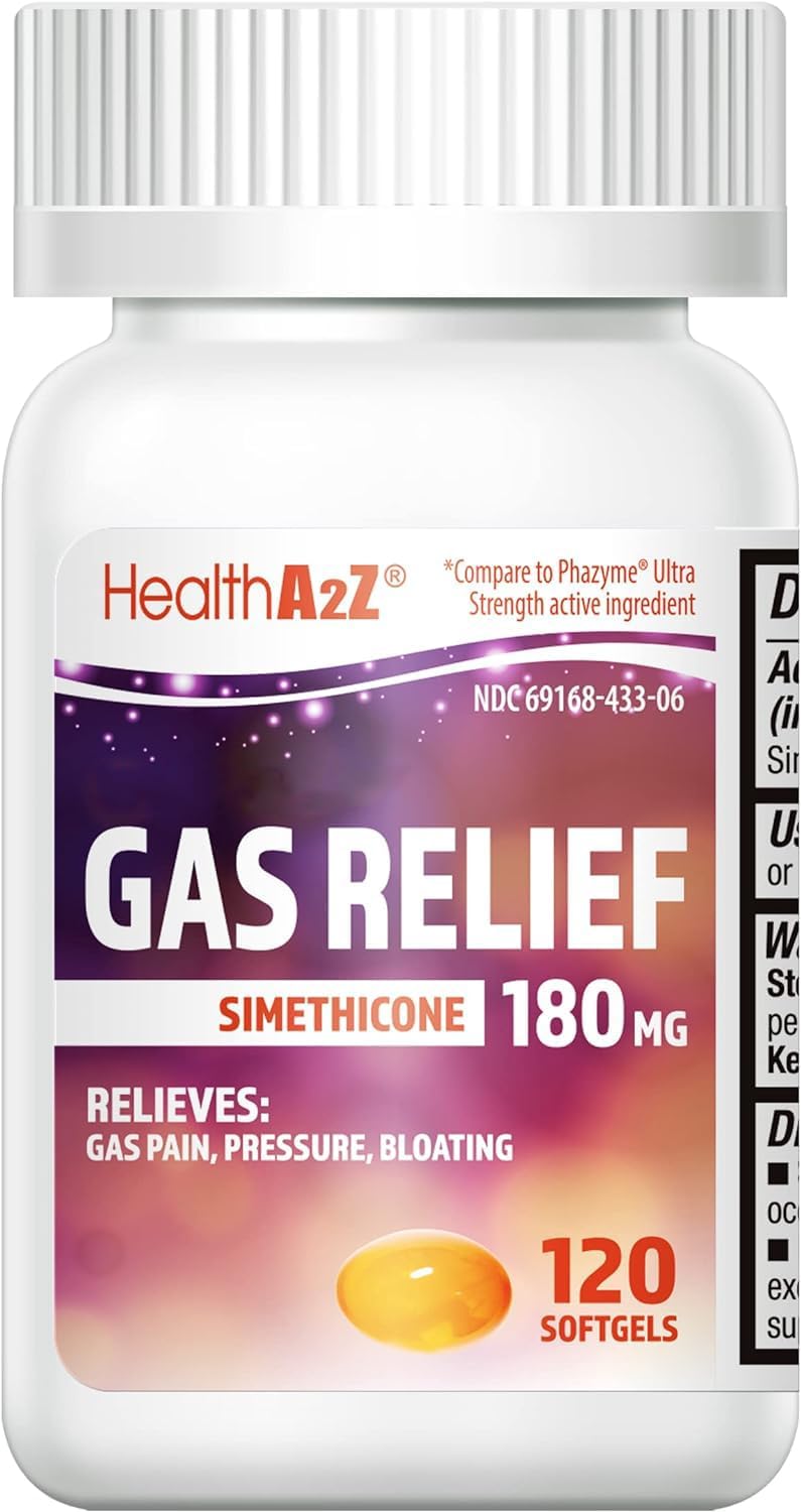 HealthA2Z® Gas Relief, Simethicone 180mg, Fast Acting Gas Relief, Bloating, Pressure, Stomach Discomfort, Anti Flatulence, 120 Softgels