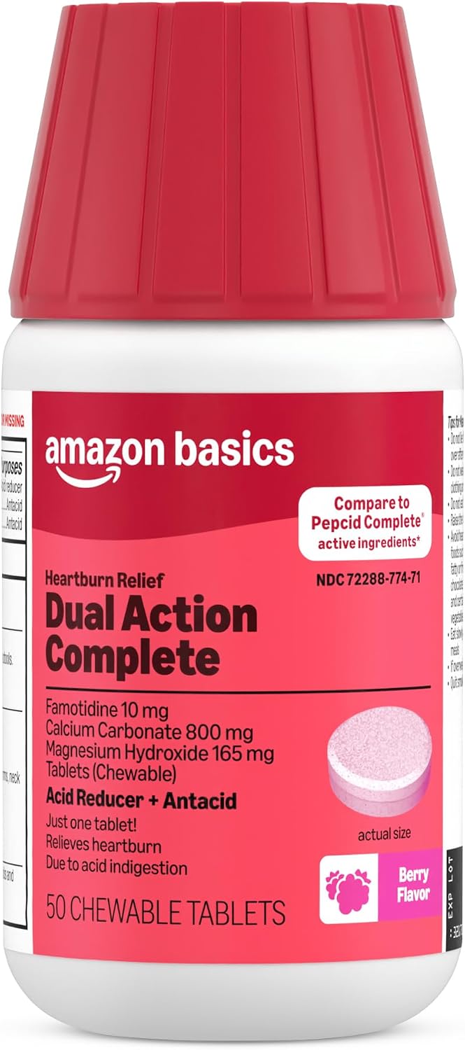 Amazon Basics Dual Action Complete, Chewable Acid Reducer Plus Antacid Tablets, Berry Flavor, Heartburn Medicine, Acid Indigestion Relief, 50 Count (Previously Care)