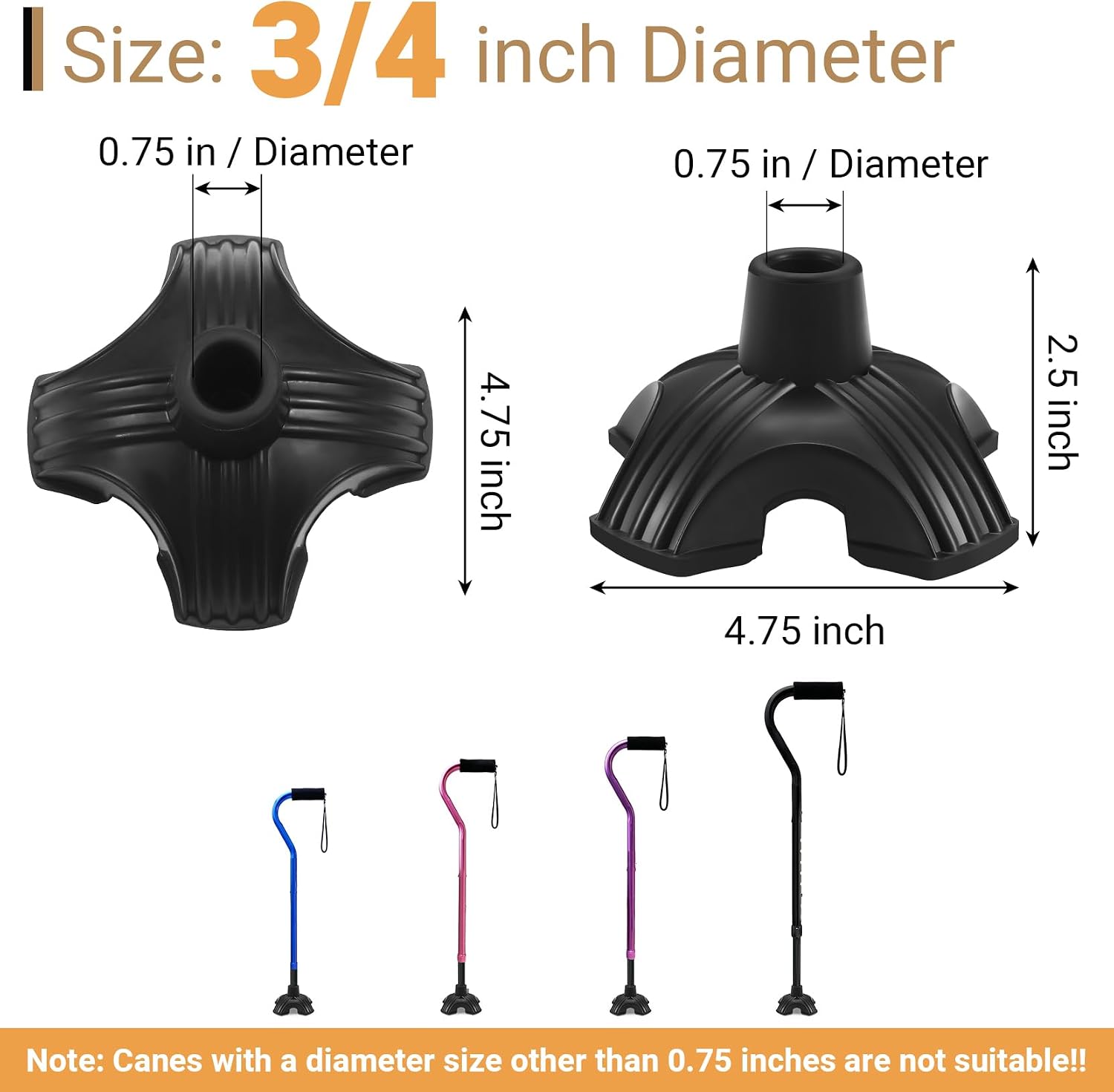 Dotday 2 Pack Cane Tips for Stability, Self Standing Cane Base Replacement | for Most Walking Canes, Walking Sticks, Folding Canes, Non-Slip Rubber Quad Cane Tip, Heavy Duty 4 Prong Rubber Cane Foot Pad - Image 4
