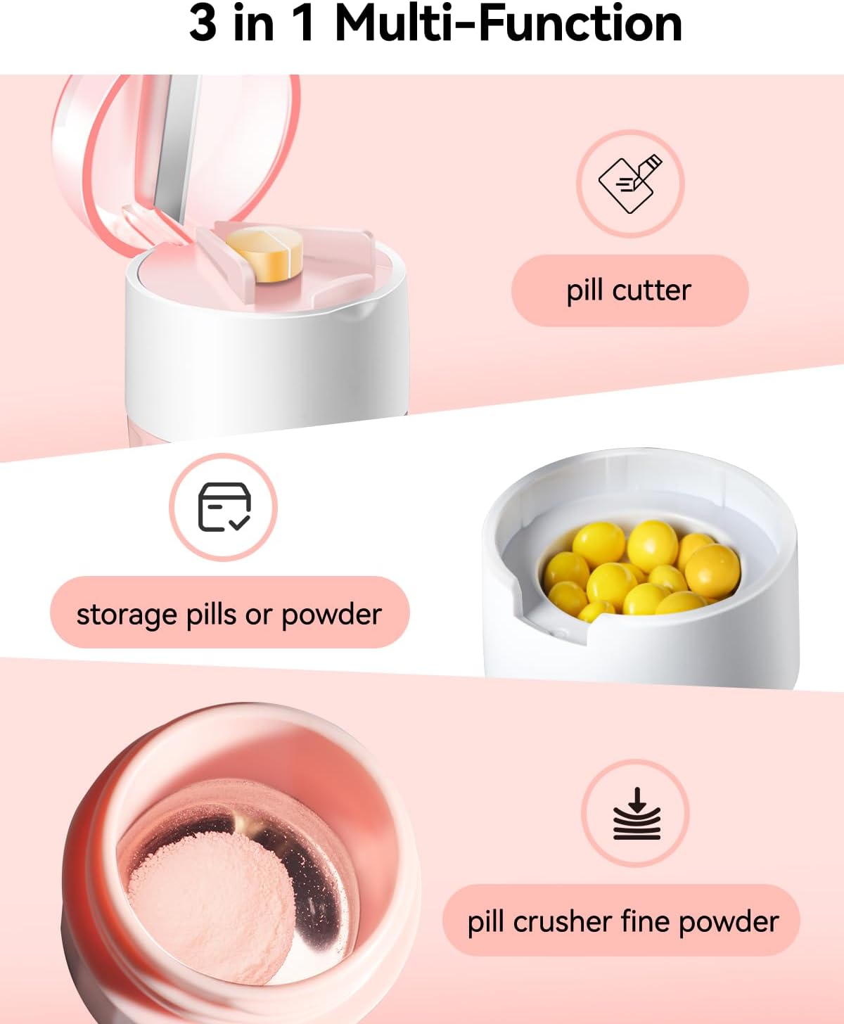 Pill Crusher Fine Powder - Cotatoc 3-in-1 Pill Crusher with Stainless Steel Grinding Pestle, Portable Pill Cutter and Crusher for Elderly and Pets (Pink) - Image 3