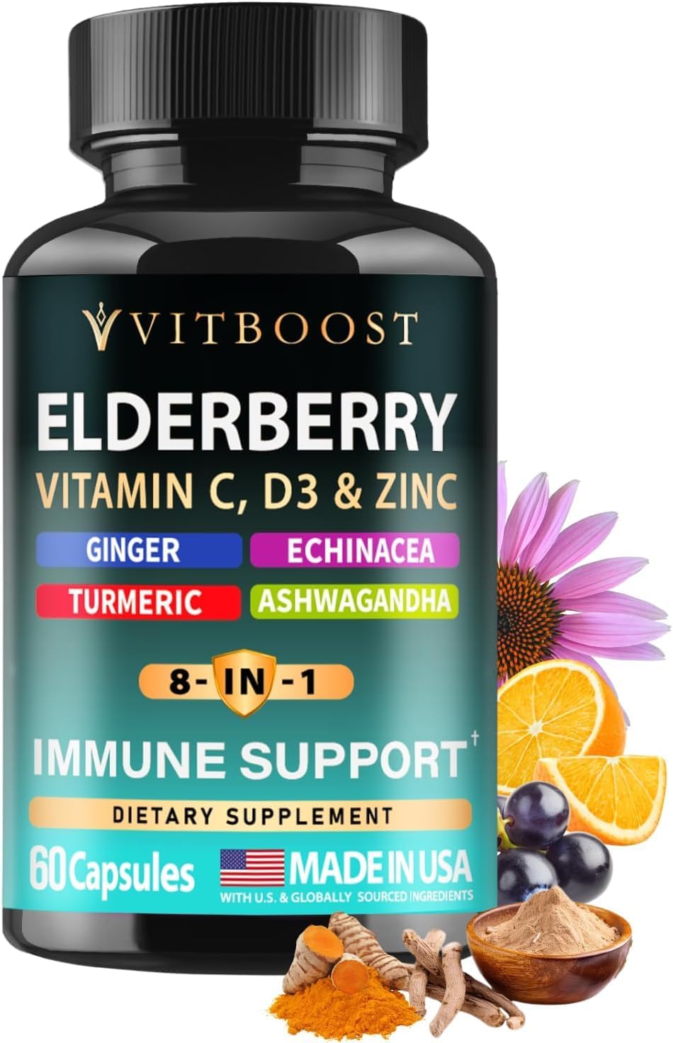 VITBOOST Elderberry Immune Support Supplement 8 in 1 with Vitamin D 5000 IU | Formula with Echinacea, Vitamin C & Zinc, Turmeric, Ginger, Ashwagandha - 60 Capsules
