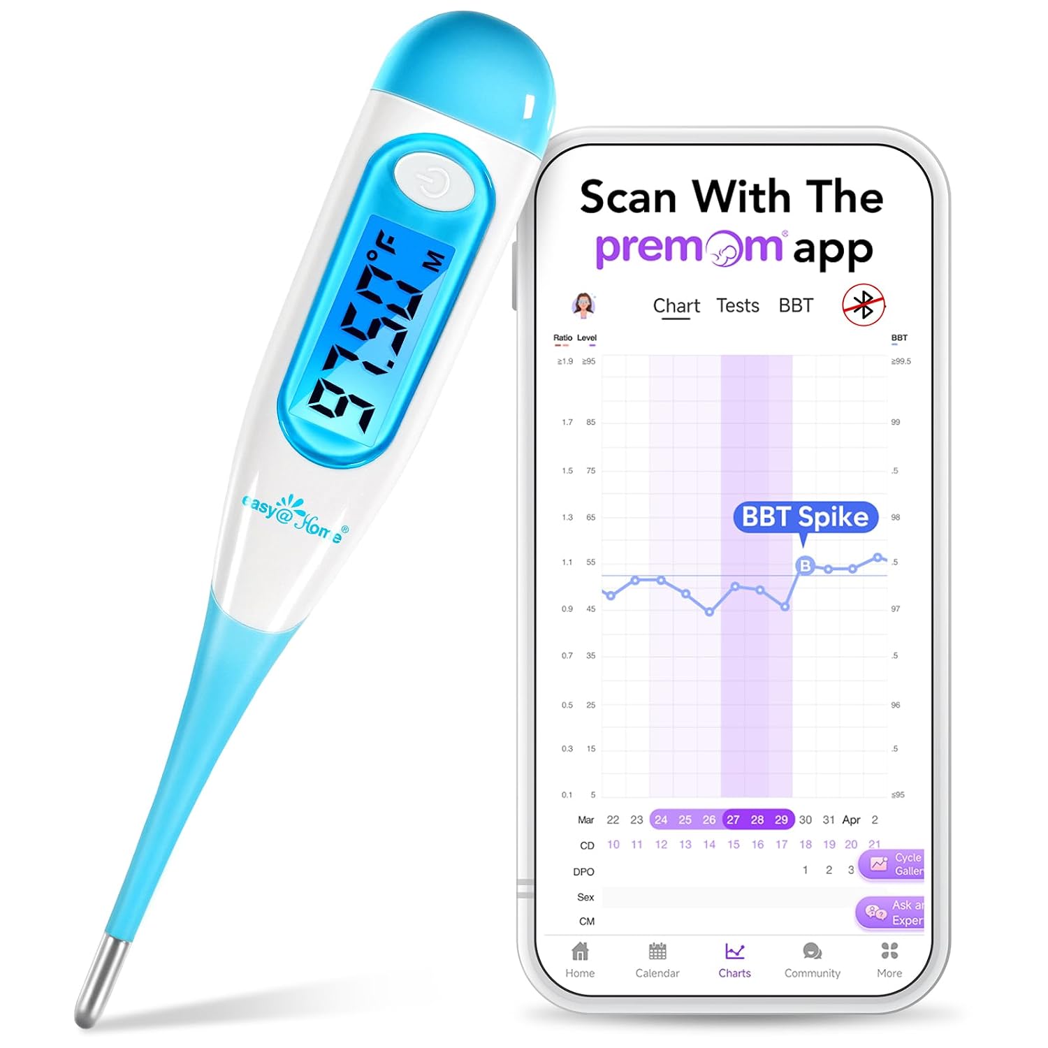 Easy@Home Digital Basal Thermometer for Ovulation: Backlight LCD Display 1/100th Degree High Precision BBT, Memory Recall, NOT Bluetooth Enabled – Scan Results with Premom Fertility Tracker App, Blue
