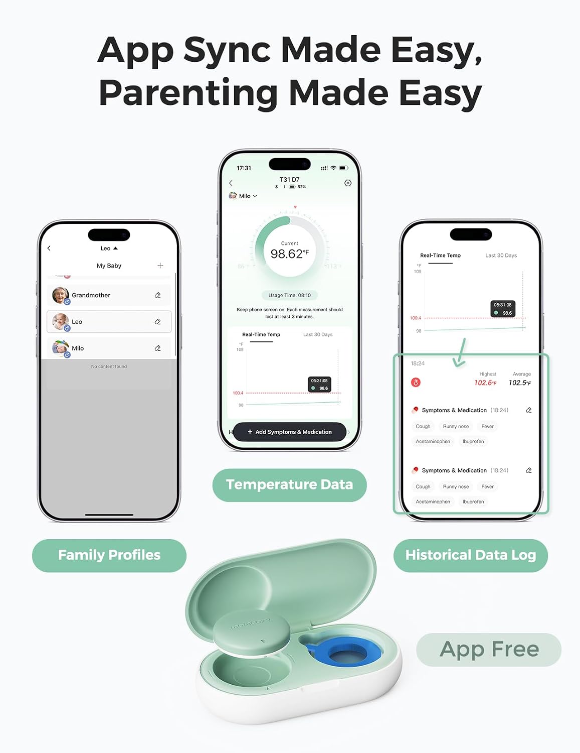 Momcozy Wearable Digital Thermometer for Baby, Continuous App Monitoring | Medical-Grade ,High Accuracy Thermometer for Kids & Infants, Instant Reads, Hypoallergenic 3M Sticker,APP Alert,Visual Trends - Image 8