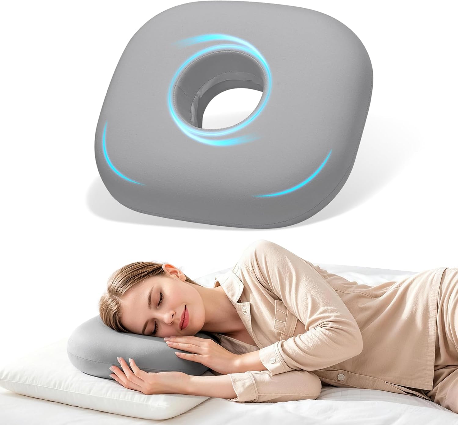 Ear Piercing Pillow with Memory Foam for Side Sleepers with Ear Hole, O-Shaped Side Sleeping Pillow for CNH, Ear Pain, Inflammation & Pressure Sores Ear Guard Pillow, Gray