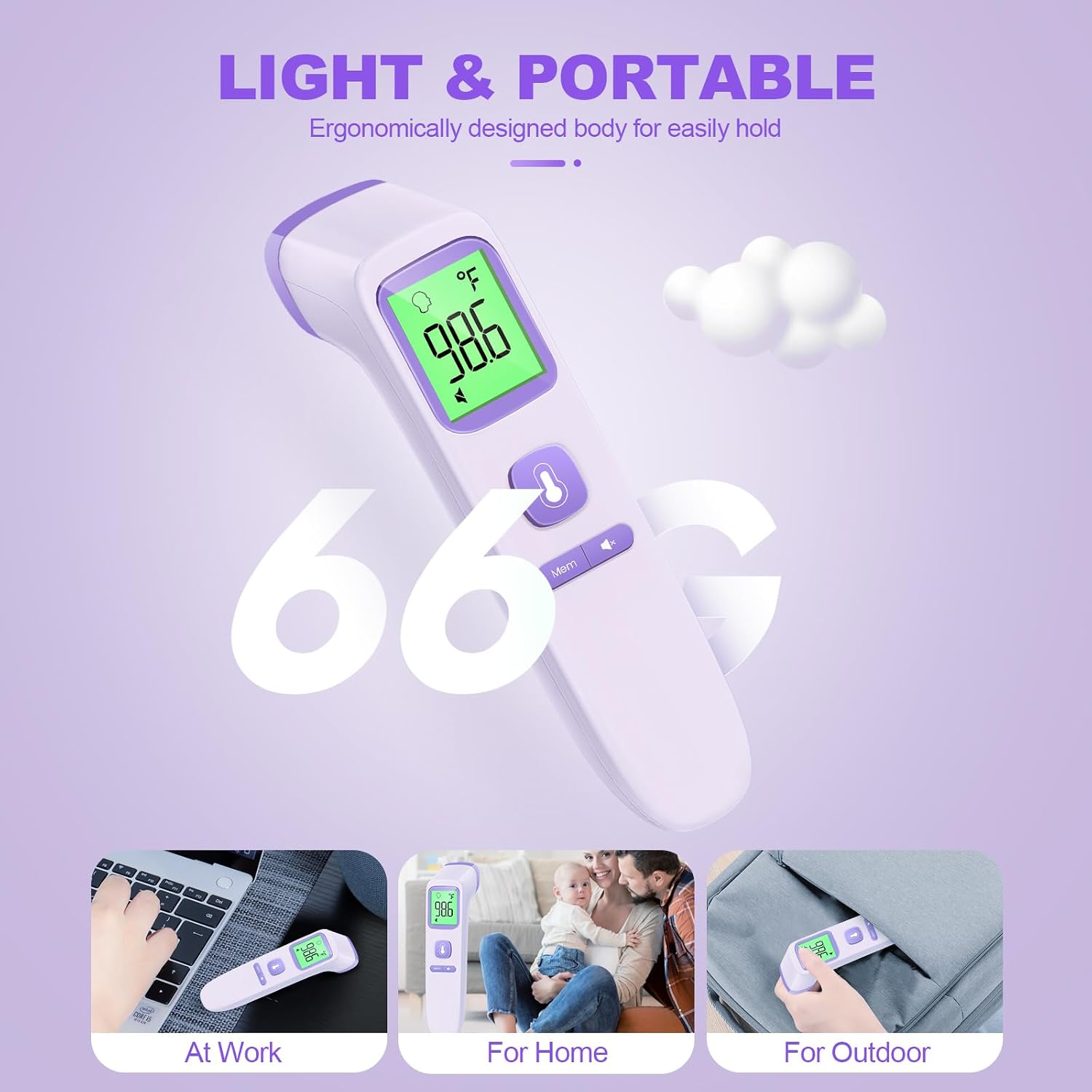 No-Touch Thermometer for Adults, Kids, Babies, 1-Sec Fast Accurate (Purple) | Fever Alarm, Large LCD with 3-Color Backlight, Silent Mode, 35-Reading Memory, Forehead & Object Mode, for Home & Clinic - Image 7