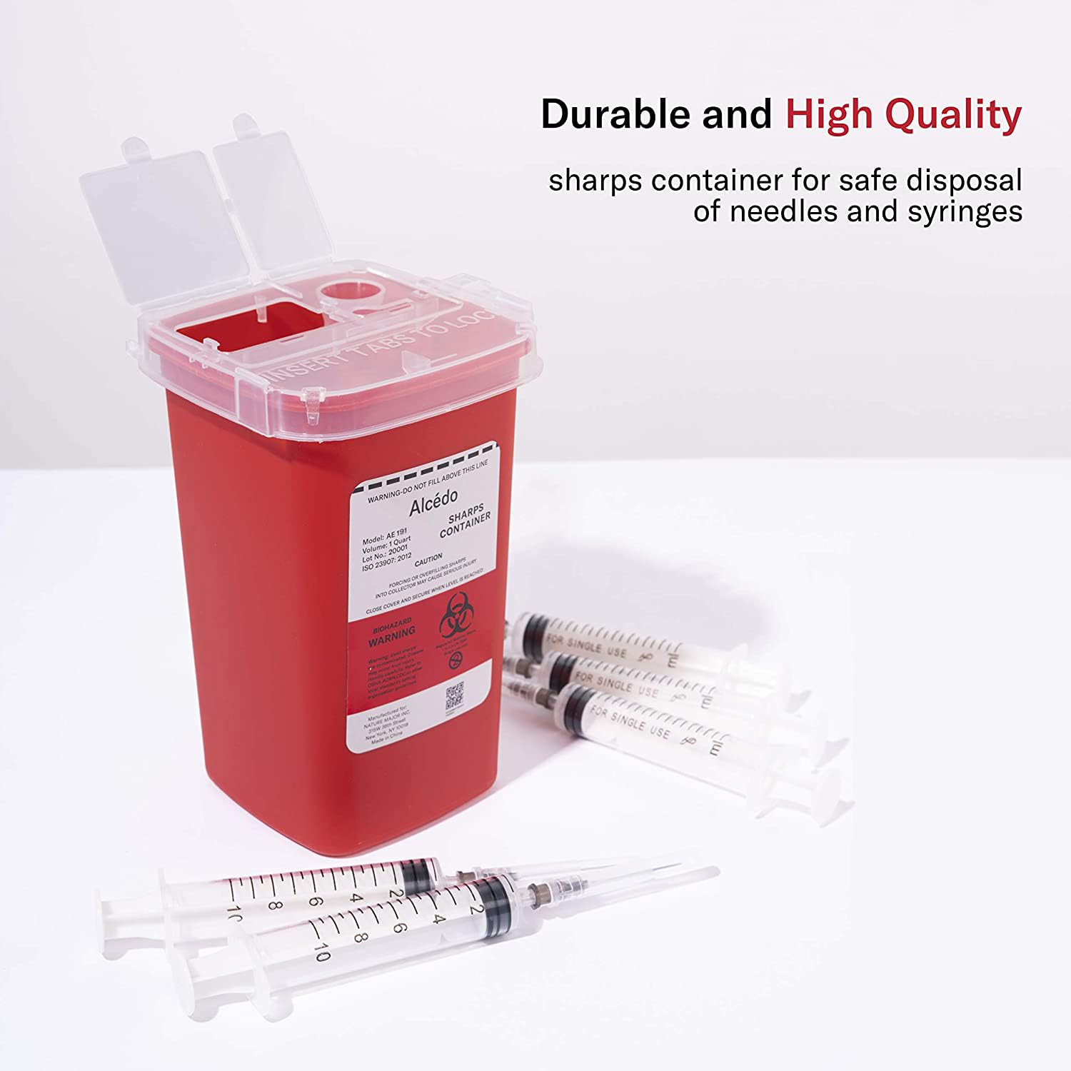 Alcedo 1 Quart Sharps Container (1-Pack) for Needle & Syringe Disposal | Small & Portable, Built-In Needle Removal Port, Temporary Safety Closure, Clear Lid, Ideal for Home, Travel & Professional - Image 3
