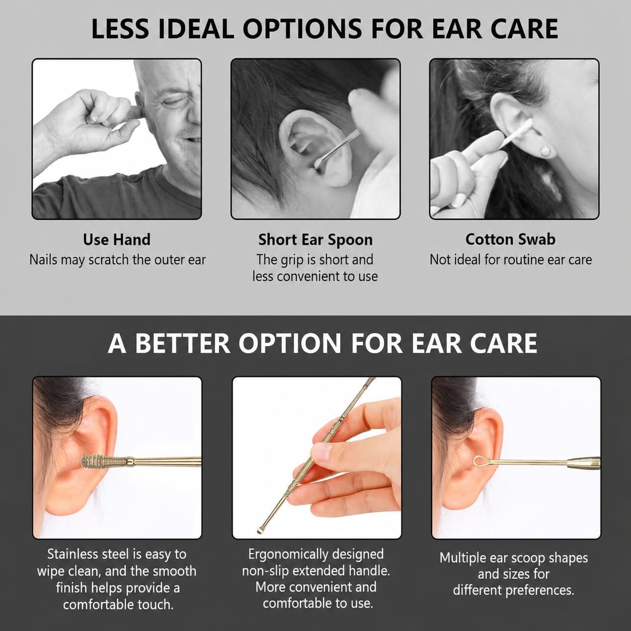 Hion 6 Pcs Extended Ear Wax Removal Kit,Professional Double-Headed Ear Pick Earwax Removal Tools,316L Stainless Steel Ear Cleaner Curette with Cleaning Brush and Storage Box,Suit for Kid Adult(Gold) - Image 2
