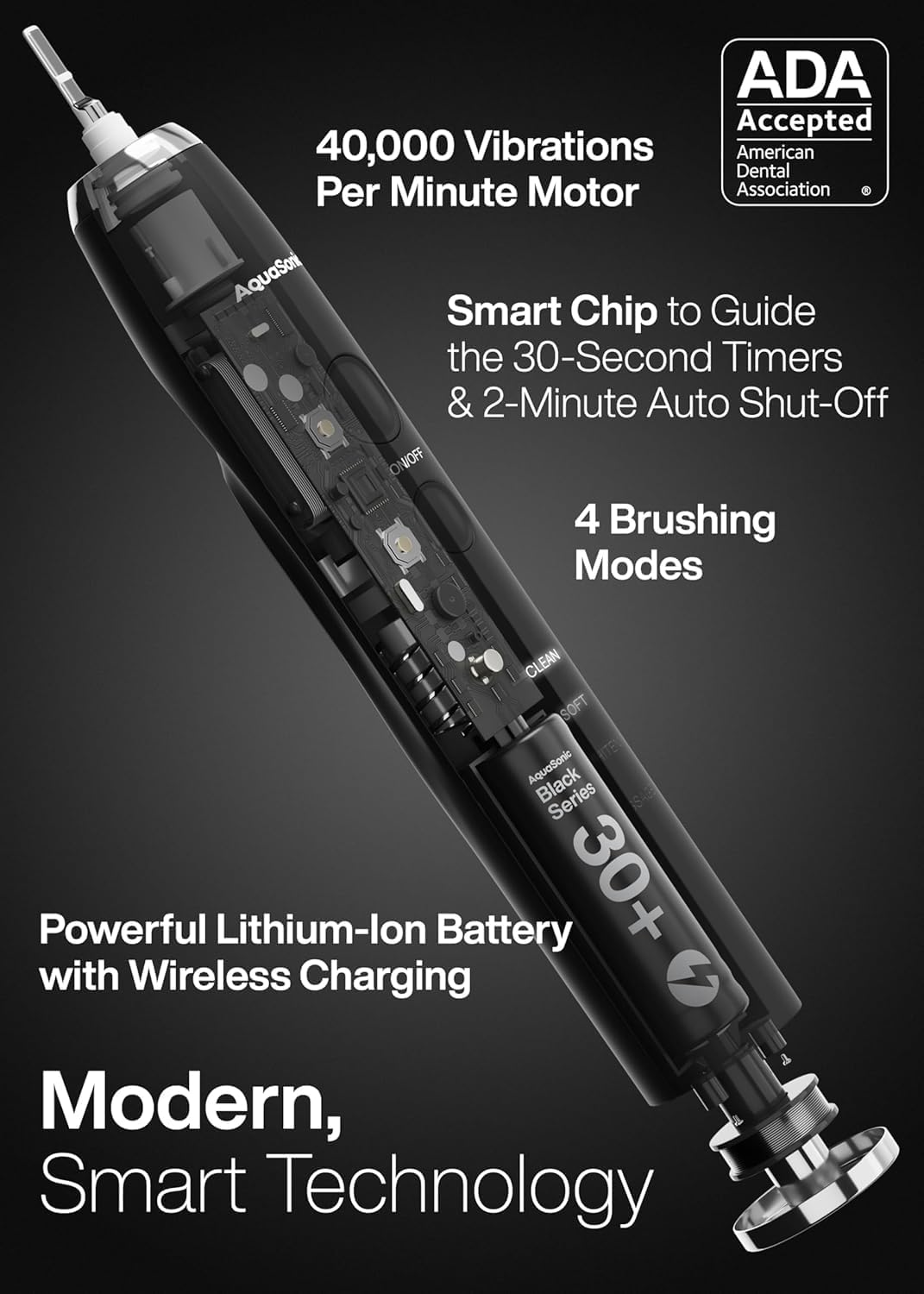 Aquasonic Black Series Ultra Whitening Toothbrush – ADA Accepted Electric Toothbrush- 8 Brush Heads & Travel Case – 40,000 VPM Electric Motor & Wireless Charging - 4 Modes w Smart Timer - Image 4