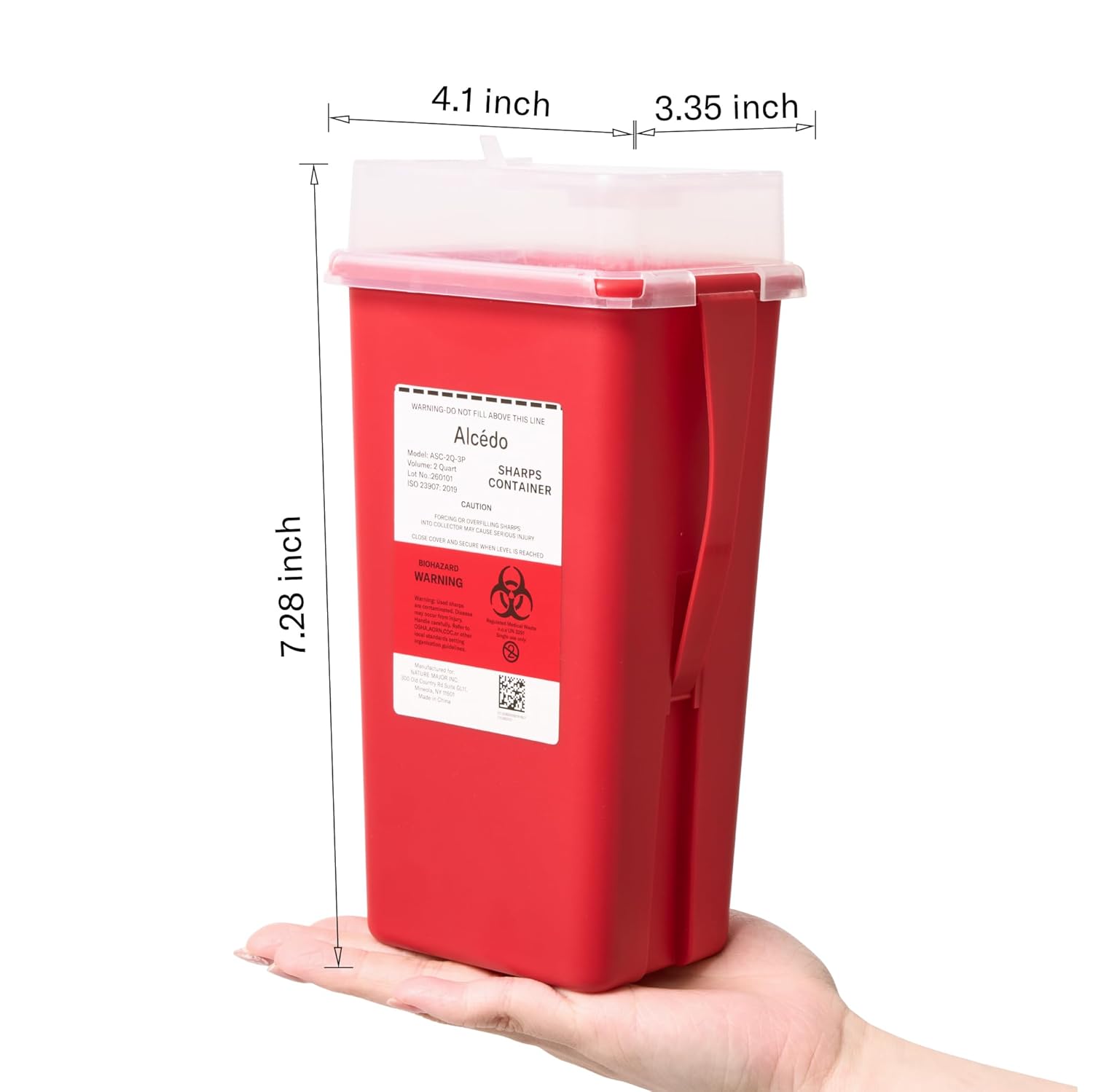 Alcedo Sharps Container 2 Quart (1-Pack) for Home Use & Travel Disposal | Small & Portable, Convenient Handle, Built-In Needle Removal Port, Temporary Safety Closure, Clear Lid - Image 3