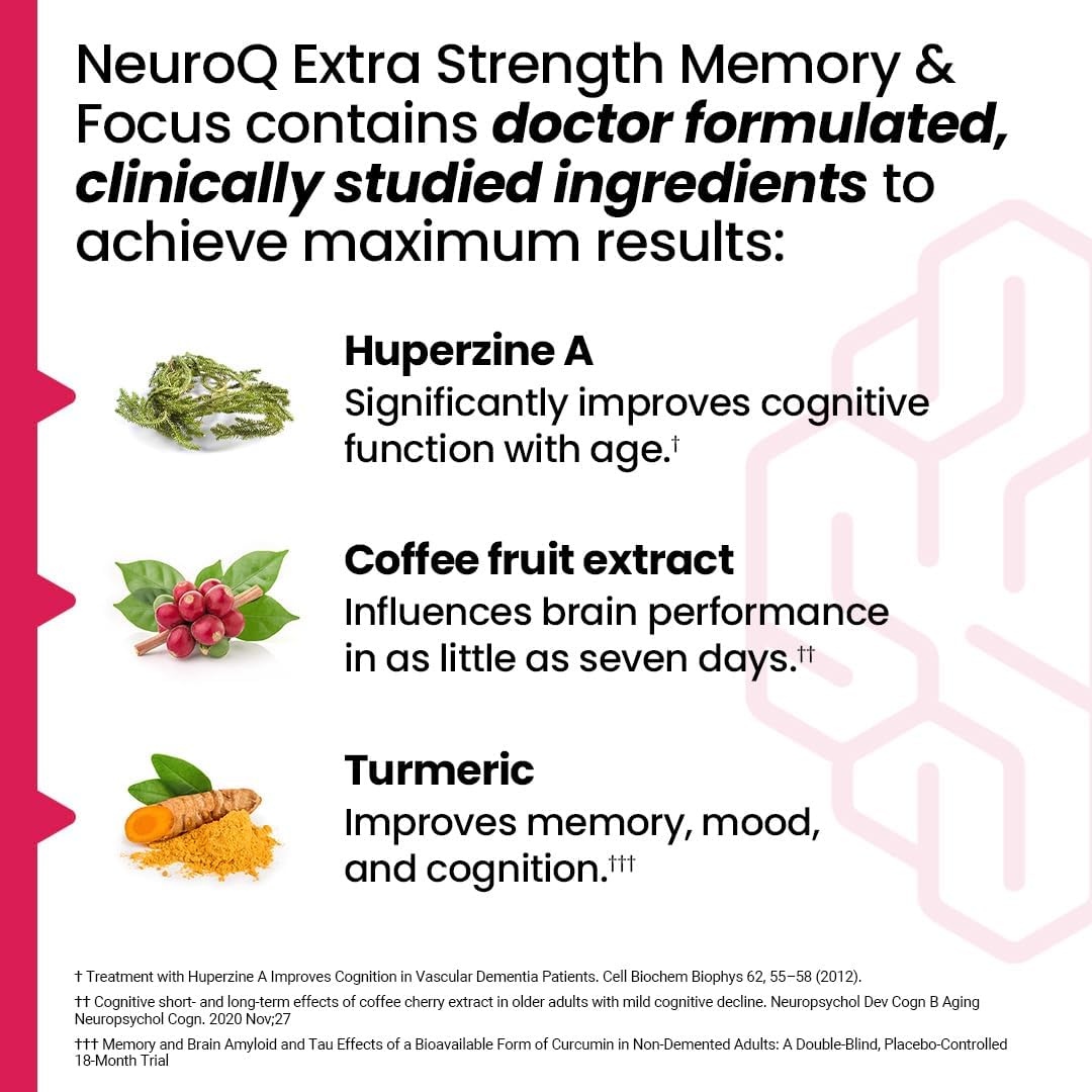 NeuroQ Memory & Focus Extra Strength - Boosts Cognitive Performance & Brain Function - Supports Neuroprotection & Concentration - Huperzine A, Gotu Kola, Ginkgo, Coffee Fruit & Propolis - 60 Capsules - Image 3
