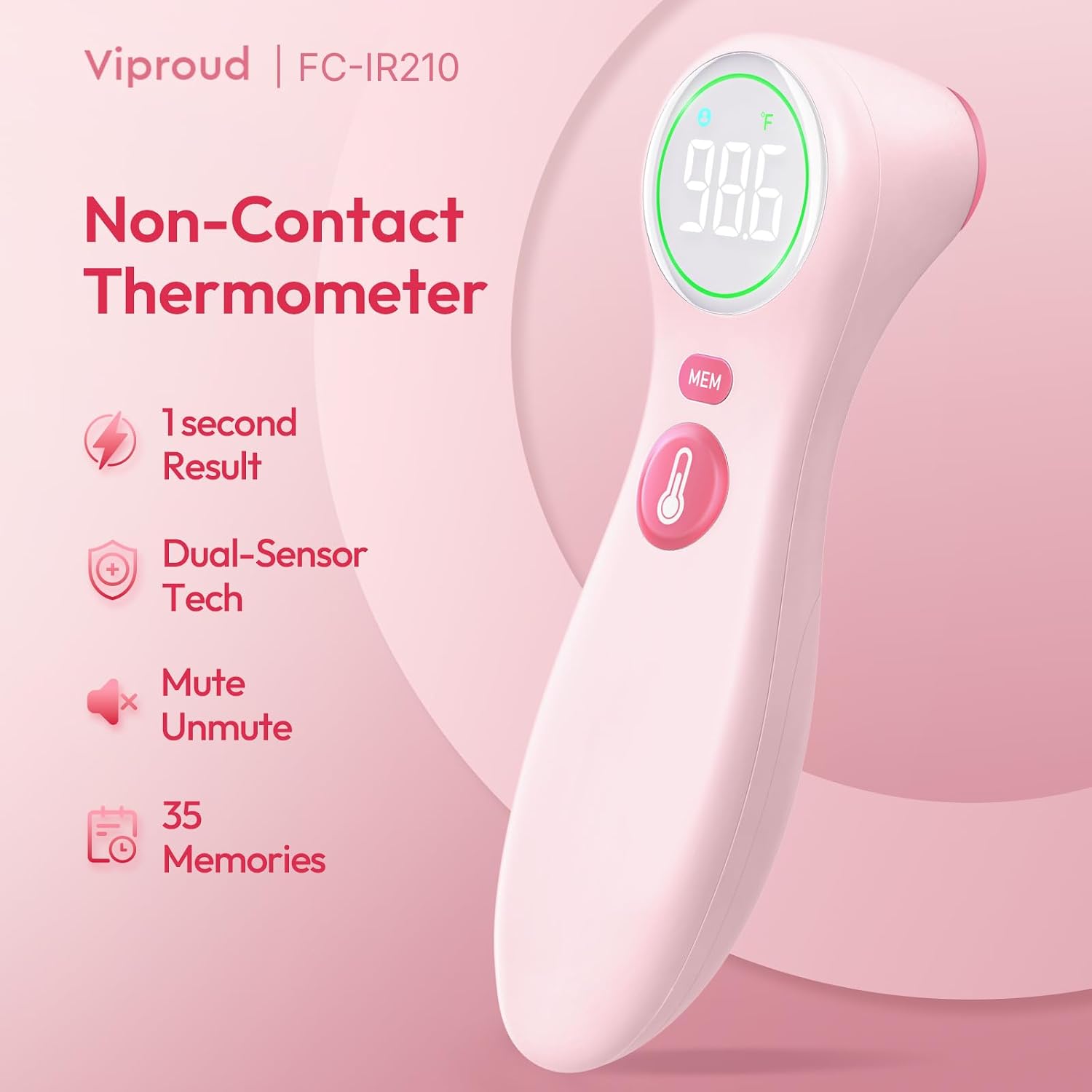 Viproud No-Touch Thermometer for Kids and Adults, 1-Second Reading, Pink | Forehead & Object Mode, Fever Indicator, Large Clear LED, Silent Mode, Home Medical, Nurse Accessories, Lifetime Support - Image 2