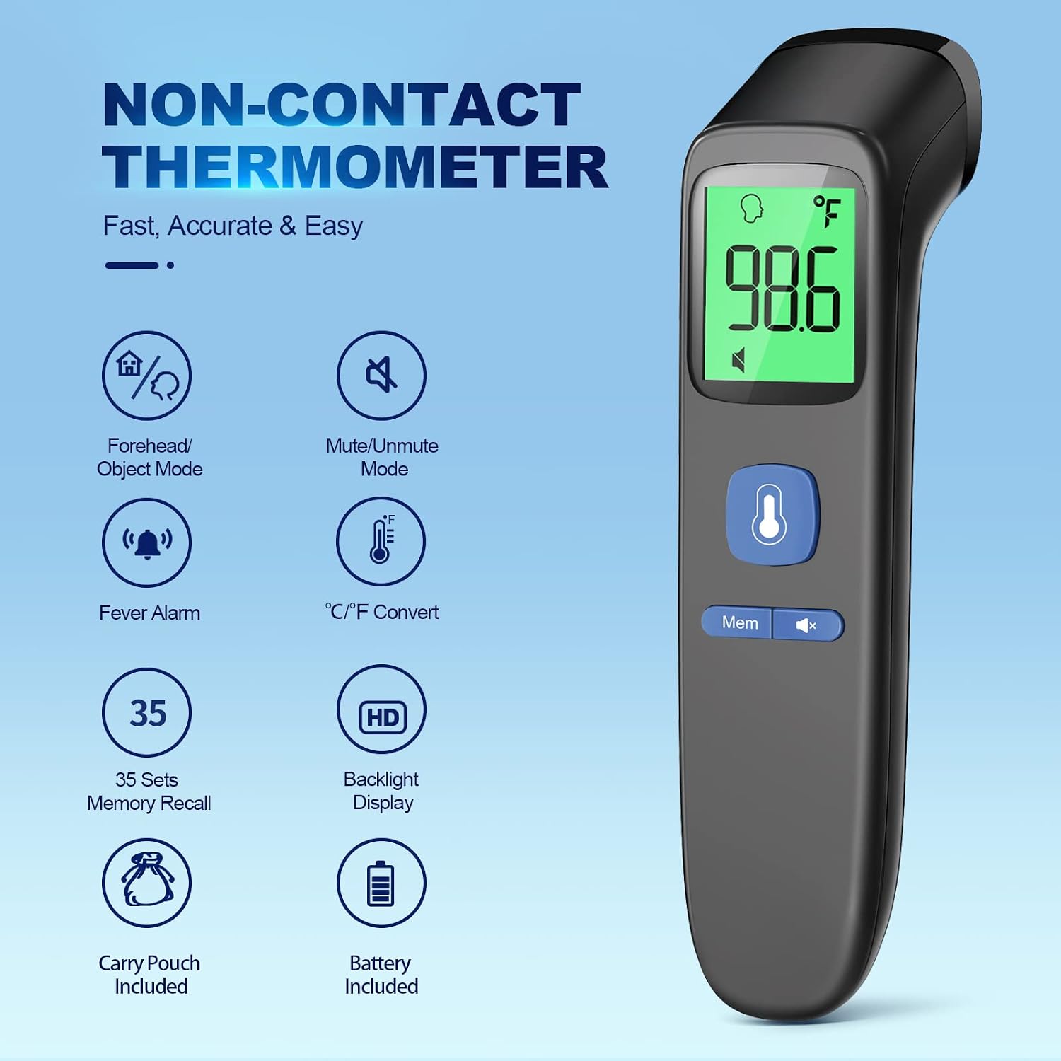 No-Touch Thermometer for Adults, Kids, Babies, 1-Sec Fast Accurate (Black) | Fever Alarm, Large LCD with 3-Color Backlight, Silent Mode, 35-Reading Memory, Forehead & Object Mode, for Home & Clinic - Image 2