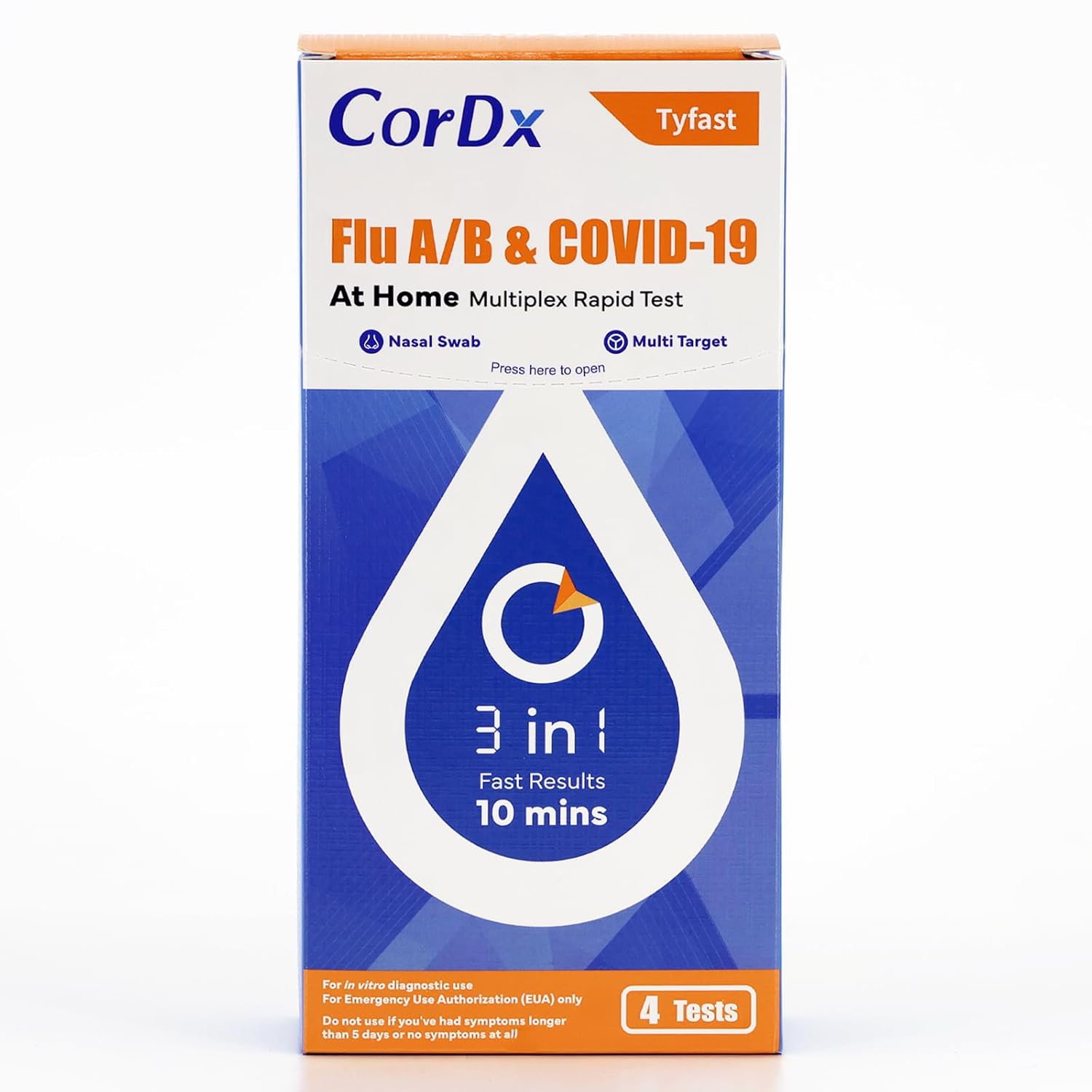 TyFast Flu A/B & COVID-19, At home 3-in-1 Rapid Test Kit, 4 Tests | Nasal Swab Self-Test, Easy-To-Use For Adults And Kids, EUA Authorized OTC, Results In About 10 Minutes