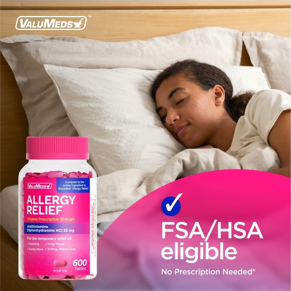 ValuMeds Allergy Medicine Antihistamine, Diphenhydramine HCl 25 mg | Children and Adults | Relieve Itchy Eyes, Runny Nose, Sneezing (25 mg, 600 Count) - Image 4