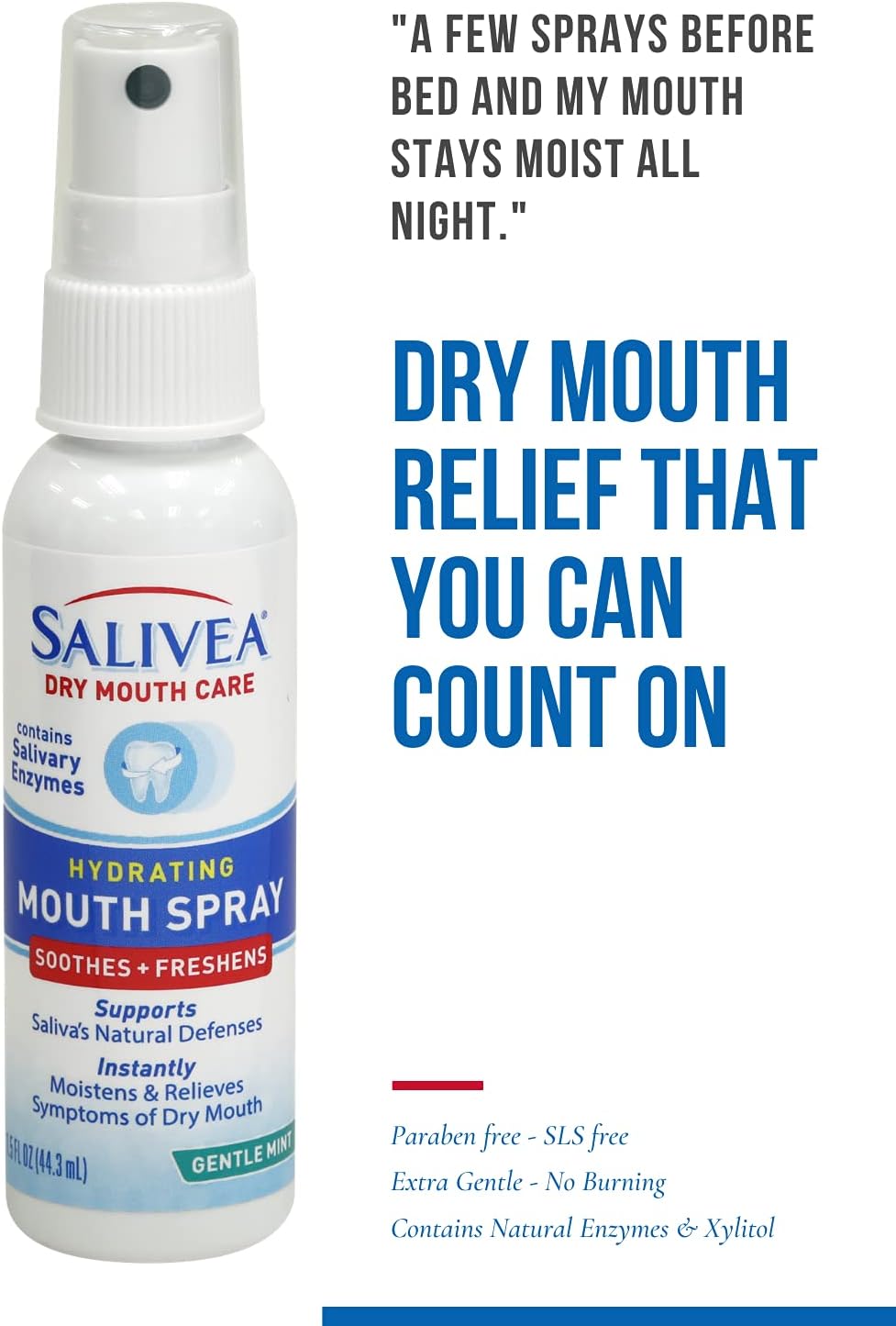 SALIVEA Soothing Dry Mouth Spray for Adults 250 Pumps Mint 1.5 oz Pack of 1 | Moisturizing saliva substitute with natural salivary enzymes aids daily oral care, mild formula for kids and adults - Image 3
