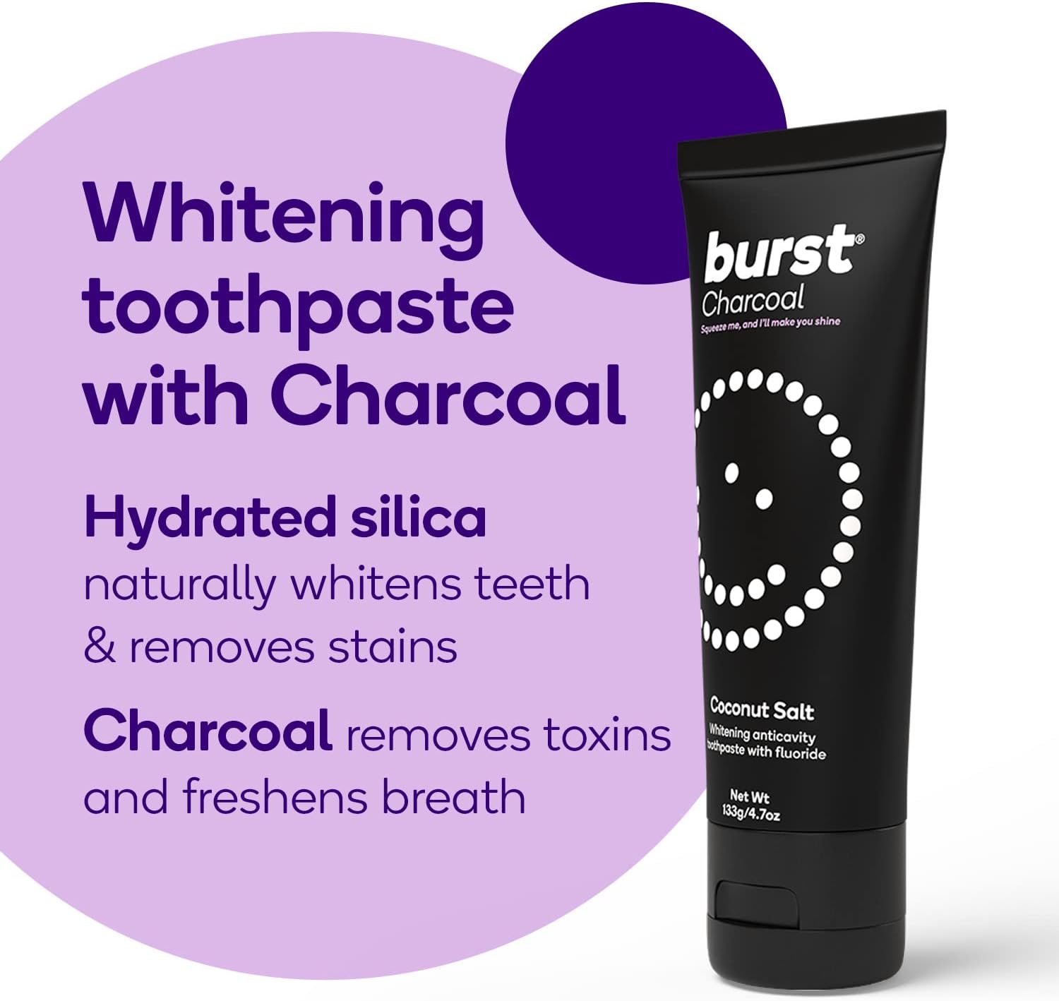 BURST Charcoal Whitening Toothpaste for Adults (4.7oz/2 Pack) | for Sensitive Teeth with Cavity Fighting Fluoride & Xylitol | Vegan | Gluten & SLS Free | Coconut Salt | Coconut Salt | for Sensitive Teeth with Cavity Fighting Fluoride & Xylitol | Vegan | Gluten & SLS Free - Image 2